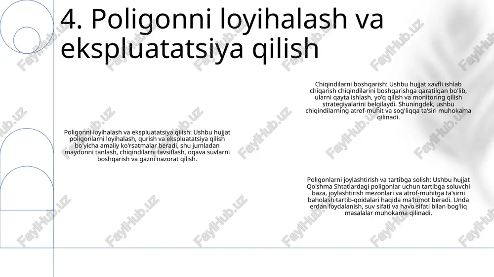 shlash: kimyoviy tozalash, yoqish yoki bioremediatsiya kabi ilg'or texnologiyalardan sanoat chiqindilarini qayta ishlash va yakuniy utilizatsiya qilishdan oldin uning toksikligini kamaytirish uchun foydalaning. bu atrof-muhitni muhofaza qilish qoidalariga rioya qilishni ta'minlaydi va aholi salomatligini himoya qiladi. 11. sanoat chiqindilarini boshqarishning eng yaxshi amaliyotlari dehqonchilik: chiqindilarni tayyorlangan tuproq to'shagiga tarqatishni o'z ichiga oladi, bu mikroorganizmlarning uni parchalashiga imkon beradi. termal ishlov berish: chiqindilarni energiyaga aylantirish, uning hajmini va toksikligini kamaytirish uchun yuqori haroratlardan foydalanadi. kompostlash: organik chiqindilarni kislorod bilan aralashtirib, qishloq xo'jaligiga foydali bo'lgan ozuqa moddalariga boy tuproq o'zgarishini yaratadi. 12. chiqindixonalarga barqaror alternativalar atrof-muhitga ta'siri: zaharli sanoat chiqindilarini poligonlarda yo'q qilish va boshqarish atrof-muhitga katta zarar etkazishi, tuproq, er osti suvlari va havoni ifloslantirishi mumkin. sog'liq uchun xavflar: zaharli sanoat chiqindilariga ta'sir qilish inson salomatligiga jiddiy xavf tug'dirishi mumkin, jumladan nafas olish muammolari, terining tirnash xususiyati va rivojlanish anomaliyalari. normativ muvofiqlik: zaharli sanoat chiqindilarini yo'q qilish va boshqarishni tartibga soluvchi …