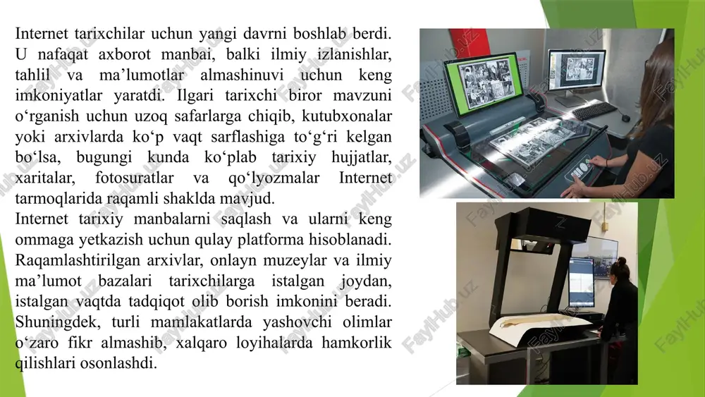 larda internet arxivlari va elektron kutubxonalar. – toshkent: yangi asr avlodi, 2022. ismoilova n. axborot-kommunikatsiya texnologiyalari va tarix ta’limi. – toshkent: fan, 2017. unesco. digital heritage and history research. – paris: unesco publishing, 2020. smith, a. the historian’s guide to the internet. – london: routledge, 2015. anderson, p. history in the digital age. – cambridge: cambridge university press, 2014. image1.png image2.jpg image3.png image4.jpg image5.jpg image6.png image7.jpg image8.png image9.svg image10.svg image11.jpg
