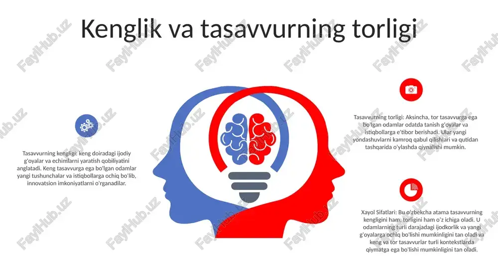 rni o'rganish imkonini beradi. xayolning torligi: tor yoki cheklangan tasavvurni bildiradi, odamlarni kichikroq fikr va qarashlar doirasi bilan cheklaydi. tasavvur va ijodkorlik odamlarga yangi g'oyalar va istiqbollarni yaratishga imkon berish orqali innovatsiyalar va muammolarni hal qilishni rag'batlantiradi. o'ziga xoslikni va qutidan tashqarida fikr yuritish qobiliyatini rivojlantiradi, bu noyob hissa va yondashuvlarga olib keladi. “xayol sifatlari” xayolning jonliligi, chuqurligi, tafsilot darajasi kabi xususiyatlariga ishora qiladi. ijodiy fikrlash sifati va samaradorligiga ta'sir qiladi, yanada yorqinroq va batafsil tasavvurlar yaxshi natijalarga yordam beradi. tasavvur va innovatsiya xayol sifatlari: tasavvur turli xil xususiyatlarga ega: jonlilik, o'ziga xoslik, moslashuvchanlik va chuqurlik. jonlilik aqliy tasvirlarning intensivligi va ravshanligini bildiradi, o'ziga xoslik esa yangi g'oyalarni yaratishni o'z ichiga oladi tasavvur va innovatsiya: tasavvur - bu aqliy tasvirlar, g'oyalar va tushunchalarni yaratish qobiliyati. bu muammolarni hal qilish, ijodkorlik va innovatsiyalarda hal qiluvchi rol o'ynaydi xayolning kengligi va torligi:tasavvurni keng va tor toifalarga bo‘lish mumkin. keng tasavvur keng imkoniyatlarni …
