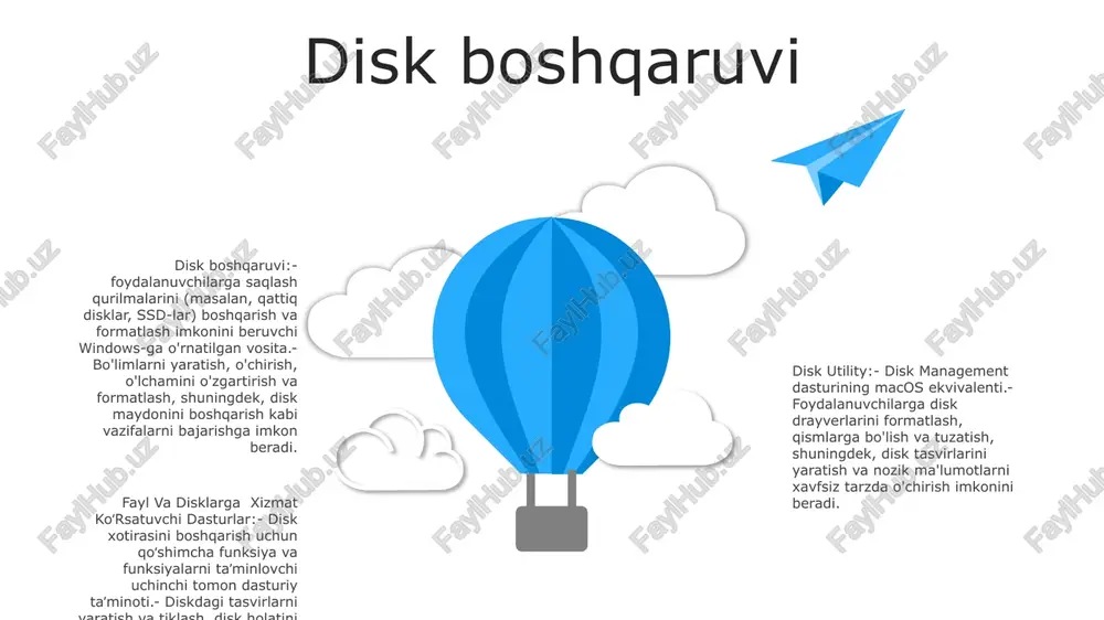 va hamkorlikni kuchaytiradi. fayllarga xizmat ko'rsatish ilovalari:- foydalanuvchilarga ma'lum shaxslar yoki guruhlarga kirish huquqini beruvchi tarmoq orqali fayllarni almashish imkonini beruvchi dasturiy ta'minot.- hujjatlarni samarali boshqarishni ta'minlab, fayllarni tashkil qilish, sinxronlashtirish va versiyalarni boshqarishni osonlashtiradi. 03 disklarga xizmat ko'rsatish ilovalari:- bir nechta kompyuterlarga markaziy diskda saqlash joyini bo'lishish imkonini beruvchi dasturlar, kengaytirilgan saqlash hajmini ta'minlaydi.- ma'lumotlarni takrorlash va yuqori mavjudligini qo'llab-quvvatlaydi, ishlamay qolish vaqtini minimallashtiradi va apparatdagi nosozliklar bo'lsa, biznesning uzluksizligini ta'minlaydi. bulutli saqlash bulutli saqlash: internet orqali kirish mumkin bo'lgan masofaviy serverlarda ma'lumotlaringizni xavfsiz saqlash imkonini beradi, shuning uchun siz istalgan qurilmadan fayllaringizga kirishingiz va ularni baham ko'rishingiz mumkin. fayl almashish xizmatlari: katta fayllarni almashish yoki jamoalar bilan hamkorlik qilish uchun mo'ljallangan. siz fayllarni to'g'ridan-to'g'ri havola yoki elektron pochta orqali almashishingiz, kirish ruxsatlarini boshqarishingiz va real vaqtda tarkibni tahrirlashingiz mumkin. disk maydoni xizmatlari: mahalliy qattiq diskni kengaytirish imkonini beradi. siz disk maydonini ijaraga olishingiz va uni qo'shimcha xotira sifatida …