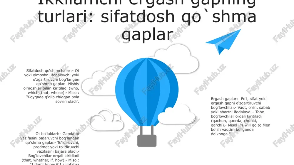 i fe'llar bo'lgan qo'shma gaplarda parallel elementlarning o'xshash grammatik tuzilishga ega bo'lishiga ishonch hosil qiling. noto'g'ri otni o'zgartirish: - nisbiy olmosh yoki ibora asosiy banddagi mo'ljallangan otni aniq o'zgartirishiga ishonch hosil qiling. noaniq yoki noto'g'ri joylashtirilgan modifikatorlardan saqlaning. yozuvda ikkilamchi gaplardan unumli foydalanish samarali foydalanishning afzalliklari yozuvdagi ikkinchi darajali gaplar ikkilamchi bandlarning maqsadi xulosa: ikkilamchi gaplarning ahamiyati ahamiyati: ikkinchi darajali bandlar asosiy bandga chuqurlik va kontekst qo'shib, vaqt, joy, holat yoki maqsad haqida muhim ma'lumotlarni taqdim etadi. ular bizga murakkab fikrlarni ifodalashda va jumlaning turli qismlari o'rtasidagi munosabatlarni o'rnatishda yordam beradi. asosiy g'oya: ikkilamchi bo'laklar, shuningdek, tobe bo'laklar sifatida ham tanilgan, to'liq jumlalar sifatida alohida turolmaydigan qo'shimcha ma'lumot beradi. ular bosh gapning ravshanligi, aniqligi va murakkabligini oshiradi. muloqotga ta'siri: ikkilamchi bandlarni o'zlashtirish samarali muloqot uchun juda muhimdir, bu bizga ma'lumotni aniq etkazish va nozik nuanslarni etkazish imkonini beradi. tobe bo'laklardan mohirona foydalanish yozuvchilar va ma'ruzachilarga birlashtirilgan, nozik va ta'sirli matnlarni …
