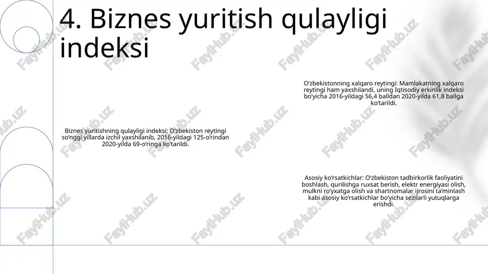 sish uchun qulay muhitni ta'minlash qobiliyatini o'lchaydi. o‘zbekistonning gci reytingi so‘nggi yillarda yaxshilanib, 2022-yilda 82-o‘rinni egalladi. biznes yuritish qulayligi indeksi (dbi) dbi biznesni boshlash va yuritish qulayligini baholaydi. o‘zbekiston bu borada sezilarli yutuqlarga erishdi va 2023 yilgi dbida 69-o‘ringa ko‘tarildi. bu yaxshilanish hukumatning tartibga solishni soddalashtirish va ishbilarmonlik muhitini yaxshilash borasidagi sa’y-harakatlarini aks ettiradi. inson kapitali indeksi (hci) hci mamlakatning inson kapitalini, jumladan, ko'nikmalar, bilim va sog'liqni o'lchaydi. o‘zbekistonning hci reytingi 2020-yilda 112-o‘rinni egalladi. yaxshilash uchun imkoniyatlar mavjud bo‘lsa-da, bu ko‘rsatkich mamlakatda malakali kadrlar tayyorlash va sog‘liqni saqlash tizimini yaxshilashga qaratilayotgan e’tibordan dalolat beradi. 12. global raqobatbardoshlik indeksi e'tiboringiz uchun rahmat @taqdimot_robot image1.png /docprops/thumbnail.jpeg