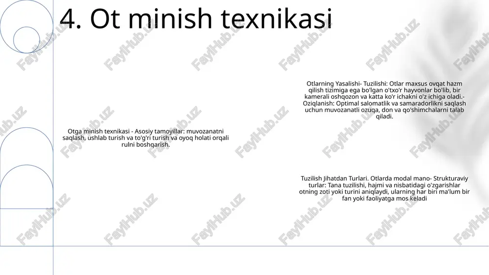 ida ishlatiladigan quruq o'tlardan iborat.- yem-xashak: o'rik, bedura va no'xat kabi o'simliklarning yashil barglaridan iborat.- o't qoshilmalari: oziq moddalarini boyitgan o't, rezak va siloslardan iborat. tuzilish jihatdan turlari:- ishchi o'tlar: og'ir ish uchun mo'ljallangan katta, kuchli o'tlar.- sport o'tlar: poyga va boshqa sport turlari uchun etishtiriladigan tez va chaqqon o'tlar.- egar o'tlar: chavandozda ishlatiladigan qulay va muvozanatli o'tlar 12. otlarning jamiyatdagi roli e'tiboringiz uchun rahmat @taqdimot_robot image1.png /docprops/thumbnail.jpeg