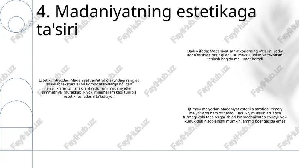 rda yaratilgan tasvirlar, harakatlanuvchi grafikalar va interfaol o'rnatishlar estetik tajribaga yangi o'lchamlarni olib keladi. 3. o'zgaruvchan hislar: texnologiya an'anaviy go'zallik va estetika tushunchalariga qarshi chiqadi. raqamli manipulyatsiya, nosozliklar va sun'iy intellekt yordamida yaratilgan san'at asarlari o'rnatilgan qonunlarni shubha ostiga qo'yadi va tomoshabinlarni estetik jihatdan yoqimli ta'riflarini qayta ko'rib chiqishga undaydi. 12. texnologiyaning estetikaga ta'siri estetikaning fanlararo tabiati estetika falsafaning go‘zallik, san’at va didning tabiati bilan bog‘liq bo‘limidir. bu falsafa, psixologiya, sotsiologiya va san’at tarixini o‘z ichiga olgan turli fanlarning g‘oyalariga asoslangan keng va fanlararo sohadir. estetika va falsafa falsafa estetika uchun asos bo‘lib, go‘zallik, san’at va didning tabiatini tushunish uchun asoslarni taklif etadi. faylasuflar goʻzallikning obʼyektiv va subʼyektiv tabiati, estetik tajribada his-tuygʻularning oʻrni, sanʼat va axloq oʻrtasidagi bogʻliqlik haqida nazariyalarni ishlab chiqdilar. estetika va falsafadan tashqari, estetika boshqa turli fanlar bilan kesishadi. psixologiya estetik tajribalar asosidagi psixologik mexanizmlarni o'rganadi, sotsiologiya esa estetik imtiyozlarni shakllantiradigan ijtimoiy va madaniy omillarni o'rganadi 13. …