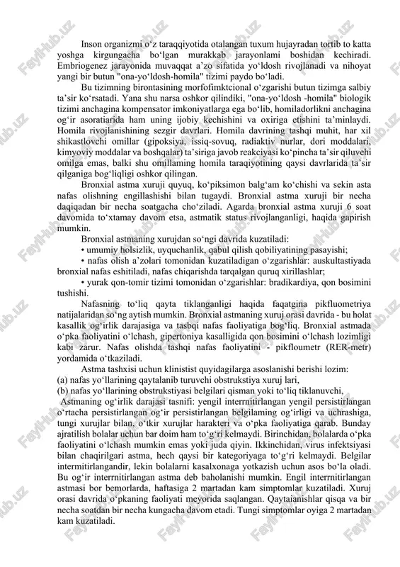 rming, shilliq pardalarining, ichki organlaming hujayralarida paydo bo‘lgan allergik reaksiyalarda yallig‘lanish jarayoni yuzaga keladi: hujayra alterastiyasi, ekssudastiya, leykostitlar emigrastiyasi, hujayralar proleferastiyasi kuzatiladi. silliq tolani mushaklarda rivojlanuvchi allergik reaksiyalarda esa silliq tolali hujayralaming spastik qisqarishi kuzatiladi. mana shuning uchun bronxial astmaning hurujida bronxiollaming silliq mushaklarining spastik qisqarishidan bo‘g‘ilish (ekspirator nafas qisish) paydo bo‘ladi. anafilaktik shokda ham bronxiollaming silliq mushaklarining beixtiyor qusish, ichakning silliq mushaklarini qisqarishidan beixtiyor defekastiya,siydik qopining silliq mushaklarining qisqarishida beixtiyor siydik ajratishi paydo bo‘ladi. biriktiruvchi to‘qima sathida rivojlanuvchi allergik reaksiyalarda har xil degenerativ o‘zgarishlar kuzatiladi (kodlagen to‘qimaning fibrinoid bukishi va boshqalar). allergiyada mayda qon tomirlar kengayadi, ulaming o‘tkazuvchanligi ortadi, hatto, kapillyarlardan qon oqib ketishi mumkin. bunday allergik o‘zgarishlar revmatizm, kollagenozlar guruhiga kiruvchi kasalliklar uchun xosdir. ba’zida allergik kasallik faqat terining kechishi shaklida namoyon bo‘lishi mumkin, bunday holda boshqa ko‘zga tashlanadigan alomatlar bo‘lmaydi. shunday qilib, allergiya, boshqa allergik bo‘lmagan kasalliklardan farq qilib o‘ziga xos klinik ko‘rinishlarga ega. demak, diagnostik xatolarga …