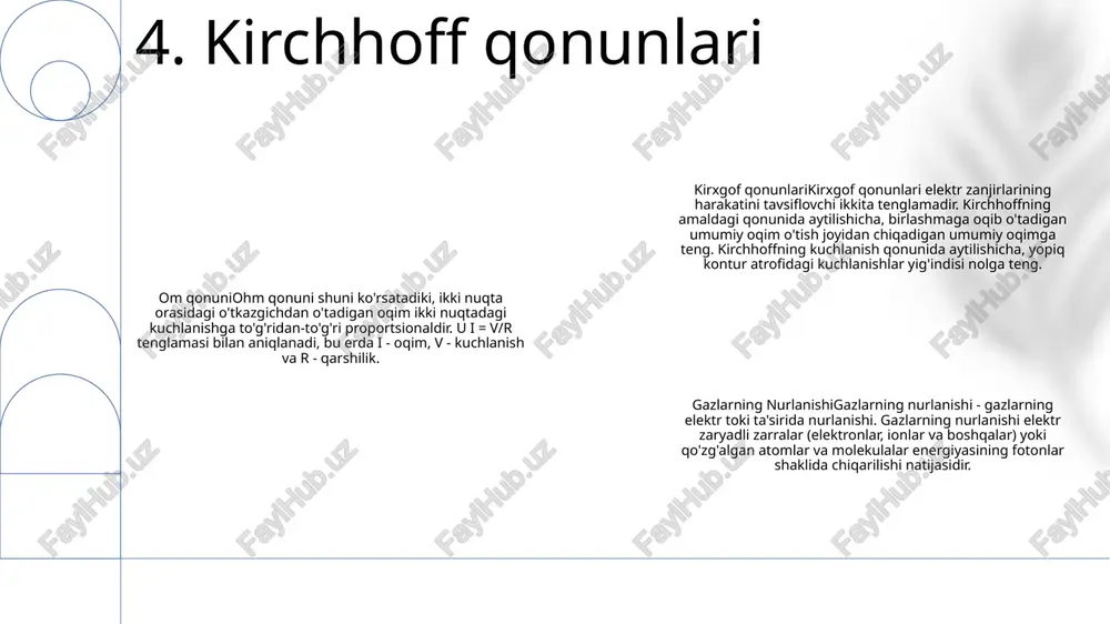 a oladi. bu tibbiyot, sanoat va tadqiqot kabi sohalarda radiatsiyadan xavfsiz foydalanishni ta'minlash uchun juda muhimdir. gazlarning nurlanishi (gazlarning nurlanishi): gazlarning nurlanishi gazlarni rentgen nurlari yoki gamma nurlari kabi ionlashtiruvchi nurlanishga ta'sir qilish jarayonini anglatadi. bu ta'sir gaz ichidagi ionlanish, qo'zg'alish va kimyoviy reaktsiyalarga olib kelishi mumkin, natijada erkin radikallar, ionlar va qo'zg'aluvchan molekulalar paydo bo'ladi. radiatsiyadan himoya qilish: radiatsiyadan himoya qilish choralari ionlashtiruvchi nurlanishning inson salomatligi va atrof-muhitga zararli ta'sirini minimallashtirish uchun zarurdir 13. radiatsion dozimetriya radioaktivlik: atom yadrosining beqaror tuzilishi bilan sodir bo'ladigan va energiya chiqaradigan o'zgarishlar. gazlarning radiatsiyasi: yuqori energiyali nurlanish ta'sirida gazlarning ko'pchiligi, asil gazlardan tashqari, ionlashadi va elektr zaryadlangan zarrachalarga bo'linadi. radiatsiyadan himoya qilish: bular radiatsiyadan kelib chiqadigan sog'liq uchun xavflarni kamaytirish uchun qo'llaniladigan xavfsizlik choralari. ushbu ehtiyot choralariga himoya kiyimlarini ishlatish, radiatsiya ta'sirini minimallashtirish va radiatsiya manbalarini to'g'ri saqlash kiradi. 14. radiatsiyadan himoya qilish radiatsiya manbalari: radiatsiya manbalariga tabiiy (masalan, kosmik nurlar, radioaktiv elementlar) …