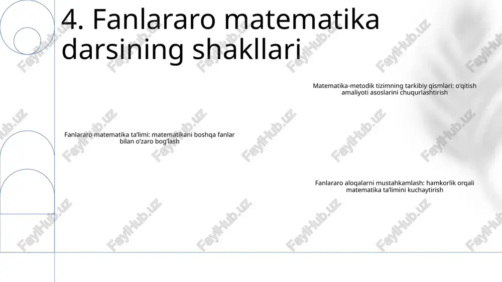 i integratsiyalash - o'quvchilarning fanlararo aloqalarni tushunishlarini baholash boshlang‘ich sinflarda fanlararo matematika o‘rgatish:- loyihaga asoslangan faoliyat orqali o‘zaro ta’limni rivojlantirish- matematika tushunchalarini boshqa fanlardagi real dunyo ilovalari bilan bog‘lash matematika-metodlar tizimining asosiy komponentlari:- o‘qitish maqsadlari: o‘quvchilarning matematik bilim va ko‘nikmalari uchun aniq maqsadlarni belgilash- mazmun: o‘rgatish uchun matematik tushunchalarni tanlash va tashkil etish- shakllar: o‘quvchilarning faolligini va tushunishini qo‘llab-quvvatlash uchun darslarni tashkil etish- metodlar: samarali foydalanish 11. fanlararo matematika o`qitishda o`qituvchining roli 1. fanlararo aloqalar: matematika va boshqa fanlar, ijtimoiy tadqiqotlar va til sanʼati kabi fanlar oʻrtasidagi aloqalarni mustahkamlash, tushunish va real hayotda qoʻllash imkoniyatlarini oshirish. 2. ma'noli o'quv tajribalari: talabalarga faol ishtirok etish, matematik tushunchalarni o'rganish va o'z hayotlari bilan bog'lanish imkonini beradigan qiziqarli va amaliy mashg'ulotlarni yarating. 3. texnologiya integratsiyasi: ta'limni yaxshilash, tabaqalashtirilgan yordamni taklif qilish va matematikani o'rganishda talabalarning faolligi va motivatsiyasini rag'batlantirish uchun texnologiya vositalari va resurslaridan foydalaning. 12. fanlararo matematika o‘qitishning ilg‘or tajribalari 1. fanlararo …