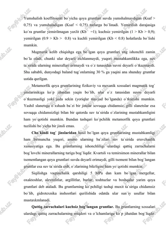 keladi. qumli gruntlar tarkibining asosiy qismini yirikligi 2...0,05 mm oraliqda bo`lgan qum zarrachalari tashkil etadi. bu zarrachalarning shakli ko`pincha yumaloqroq bo`lib, ular boshlang`ich tog` jinslarining fizikaviy yemirilishidan hosil bo`lgan. qumli gruntlarning tarkibida ko`pincha tosh, chang va gil zarrachalari ham mavjud bo`ladi. changsimon zarrachalar aslida dastlabki tog` jinslarining yemirilish jarayonida qum bilan birga paydo bo`lganligi uchun ularning mineralogik tarkibi va boshqa xususiyatlari o`xshashdir. gil zarrachalarining nisbiy miqdori qumli gruntlarda 3% gacha bo`lishi mumkin. tarkibiga ko`ra qumli gruntlar quyidagi turlarga bo`linadi graviyli qum (o`lchamlari 2 mm dan yirik zarrachalar massasi bo`yicha 25% dan ko`p bo`lsa; yirik qum (o`lchamlari 0,5 mm dan yirik zarrachalar massasi bo`yicha 50% dan ko`p bo`lsa); o`rta yiriklikdagi qum (o`lchamlari 0,25 mm dan yirik zarrachalar massasi bo`yicha 75% va undan ko`p bo`lsa); mayda zarrachali qum (o`lchamlari 0,1 mm dan yirik zarrachalar massasi bo`yicha 75% va undan g`altakq bo`lsa); changsimon qum (o`lchamlari 0,1 mm dan yirik zarrachalar massasi bo`yicha 75% …