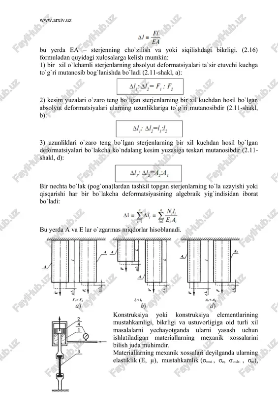 ymatlarni mos ravishda l0 marta, ordinata qiymatlarini esa a0 marta kamaytirish yo`li bilan osongina shartli kuchlanish diagrammasiga o`tish mumkin (2.16-shakl). shuni qayd etib o`tish kerakki, shartli kuchlanish diagrammasi garchi ko`rinishi jihatidan birlamchi diagrammaga o`xshasa-da, lekin u faqat namunaning emas, balki materialning mexanik xossasini tavsiflaydi. endi diagrammalardagi tavsifli nuqta va zonalarni qayd etib, namunaning deformatsiyalanish jarayonini tahlil qilamiz. cho`zilish diagrammasini taxminan to`rtta zonaga ajratish mumkin. diagrammaning ob qismiga elastik zonasi deyiladi; bu zonada kuch (kuchlanish) bilan absolyut (nisbiy) deformatsiya orasida to`g`ri mutanosib bog`lanish bo`lib, material guk qonuniga to`la bo`ysunadi. kuchlanish diagrammasidagi nuqtaning holati mutanosiblik chegarasi deyiladi va quyidagicha aniqlanadi: bu yerda fmut — mutanosiblik chegarasiga mos kelgan kuch. mutanosiblik chegarasi deb, shunday eng katta kuchlanishga aytiladiki, ungacha material guk qonuniga to`la bo`ysunadi. oa to`g`ri uchastkaning abssissa o`qiga og`ish burchagining tangenisi elastiklik moduliga teng bo`ladi. a nuqtadan boshlab diagramma egrilana boshlaganligi sababli guk qonuni buziladi. diagrammaning egri chiziqli uchastkasida yotuvchi b nuqtaning …