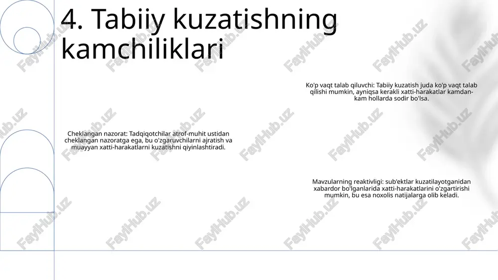 oqoti, ijtimoiy o'zaro ta'siri va tur ichidagi moslashish strategiyalari haqida tushuncha beradi. 12. tabiiy kuzatishni qo'llash kasallik diagnostikasida kuzatuv: laboratoriya kuzatuvlari kasalliklarga tashxis qo'yishda hal qiluvchi rol o'ynaydi. qon ishi, siydik tahlili va tasvirlash kabi testlar muayyan sog'liq sharoitlarini ko'rsatadigan biomarkerlar va anormalliklarni aniqlashga yordam beradi. davolanish jarayonini kuzatish: laboratoriya kuzatuvlari davolash jarayonini kuzatish va dori vositalari yoki aralashuvlarni mos ravishda sozlash uchun ishlatiladi. muntazam qon testlari, masalan, diabet bilan og'rigan bemorlarda qon glyukoza darajasidagi o'zgarishlarni ko'rsatishi mumkin. epidemiologik tekshiruvlar: laboratoriya kuzatuvlari kasallikning shakllari, tarqalishi va xavf omillari to'g'risidagi ma'lumotlarni taqdim etish orqali epidemiologik tadqiqotlarga yordam beradi. ushbu ma'lumotlar sog'liqni saqlash siyosati va tadbirlarini ishlab chiqish uchun ishlatiladi. 13. laboratoriya kuzatuvining qo'llanilishi yuqori aniqlikdagi tasvirlash: teleskoplar va adaptiv optika sohasidagi yutuqlar astronomlarga samoviy jismlarning misli ko'rilmagan tafsilotlari bilan tasvirini olish imkonini berdi va juda kichik hajmdagi xususiyatlarni hal qildi. spektroskopik usullar: katta teleskoplarga biriktirilgan spektrograflar astronomik ob'ektlardan keladigan yorug'likni tahlil …