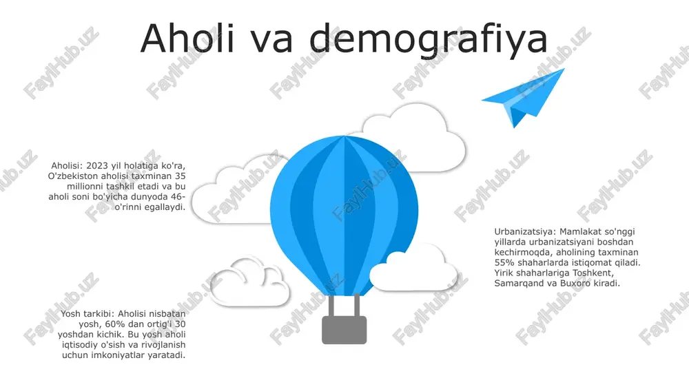 antatsiyasi va saratonni davolash kabi yuqori ixtisoslashtirilgan tibbiy xizmatlarni o'z ichiga oladi. ushbu xizmatlar odatda yirik shifoxonalarda yoki yirik shaharlarda joylashgan ixtisoslashgan markazlarda jamlangan. s w o t swot an'anaviy san'at va hunarmandchilik 1. ipak to'qish: o'zining yorqin ipaklari bilan mashhur bo'lgan o'zbekiston hunarmandlari murakkab naqshlar va qo'lda bo'yalgan ranglar bilan bezatilgan nafis matolar yaratadilar. bu ipaklar an’anaviy dastgohlarda to‘qilib, mintaqaning mahorati va merosini namoyish etadi. 2. miniatyura rassomligi: o'zbekistonlik rassomlar asrlar davomida miniatyura rassomchiligida muvaffaqiyat qozongan. bu murakkab asarlarda kundalik hayot manzaralari, tarixiy voqealar, diniy ertaklar kichik qog‘oz yoki sopol varaqlarda tasvirlangan. yorqin ranglar va batafsil cho'tka zarbalari ajoyib vizual hikoyalarni yaratadi. 3. kulolchilik: o‘zbekistonning kulolchilik an’analari qadim zamonlarga borib taqaladi. hunarmandlar kulolchilikning keng assortimenti, jumladan, sirlangan koshinlar, dekorativ vazalar va kundalik uy-roʻzgʻor buyumlarini yasaydilar. har bir asar viloyatning boy badiiy merosini aks ettiruvchi o‘ziga xos naqsh va naqshlar bilan bezatilgan. xalqaro tadbirlar: o‘zbekiston bir qancha yirik xalqaro sport …