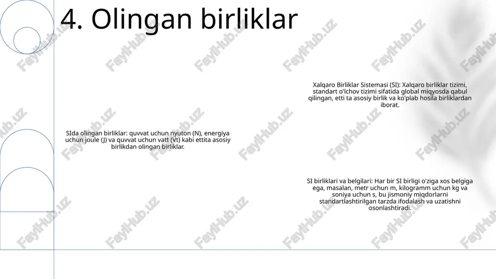 nventsiyalarini to'liq tushunishni talab qiladi, ular hamma joyda mavjud bo'lmasligi mumkin. 12. si tizimini joriy etishdagi qiyinchiliklar asosiy birliklarni qayta belgilash: si birliklari fundamental konstantalar asosida qayta aniqlanmoqda, bu ularni jismoniy artefaktlardan mustaqil qiladi. kengaytirilgan noaniqlik doirasi: o'lchov noaniqliklarini baholash va ifodalash uchun yangi asos joriy etildi, bu o'lchov natijalarining qat'iyligi va shaffofligini oshiradi. yangi miqdorlar va birliklar: si tizimi keng qamrovli va ko'p qirrali o'lchash tizimini ta'minlab, yorug'lik oqimi va katalitik faollik kabi miqdorlarni o'z ichiga olgan holda kengaytirildi. 13. si tizimining kelajagi e'tiboringiz uchun rahmat @taqdimot_robot image1.png /docprops/thumbnail.jpeg