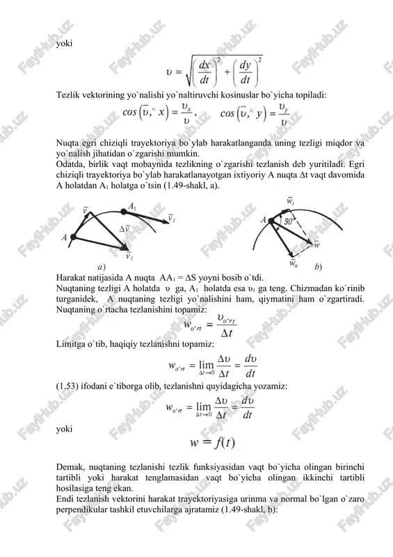 trayektoriyasi to`g`ri chiziqdan (r = ∞) iborat, tezligi esa o`zgarmas (υ = const) bo`ladi. shuning uchun, nuqtaning normal tezlanishi urinma tezlanishi va to`la tezlanishi w = 0 bo`ladi. b) egri chiziqli tekis harakat (1.50-shakl, b). bunday holatda nuqtaning tezligi miqdor jihatidan o`zgarmas (υ = const) bo`lsada, yo`nalishi o`zgarishi mumkin. nuqtaning urinma tezlanishi wt=0 normal tezlanishi wn ≠0 bo`ladi. egri chiziqli tekis harakatda to`la tezlanish normal tezlanishga tengdir: d) to`g`ri chiziqli notekis harakat (1.51-shakl, a). bu holatda nuqtaning trayektoriyasi to`g`ri chiziqli (r = ∞), tezlikning miqdori esa o`zgaruvchan bo`ladi. normal tezlanish wn ≠ 0, to`la tezlanish esa urinma tezlanishdan iborat bo`ladi: g) egri chiziqli notekis harakat (1.51-shakl, b). bunday holda nuqta o`zgaruvchan tezlik bilan harakatlanib, ∆υ≠0 bo`ladi. shu bois, normal va urinma tezlanishlar noldan farqli bo`ladi: to`la tezlanish vektori esa normal va urinma tezlanishlarning geometric yig`indisiga teng: jismdan olingan har qanday kesma jism harakati davomida har doim o`z-o`ziga parallel qolsa, jismning …