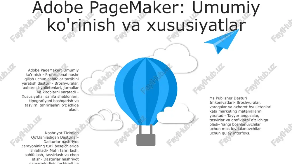ftning o'ziga xos dizayni va uslubiga ishora qiladi. shrift o'lchami: nuqtalardagi belgilar balandligini aniqlaydi. umumiy o'lchamlarga 10pt, 12pt va 14pt kiradi. kerning: o'qilishi va ko'rinishini yaxshilash uchun alohida belgilar orasidagi masofani sozlaydi. s w o t swot adobe pagemaker-da maket va dizayn vositalari 1 2. nashriyot tizimida qo'llaniladigan dasturlar:- adobe photoshop: image editing- adobe illustrator: vector graphics- adobe indesign: page layout and design- coreldraw: vector graphics and page layout- microsoft word: word processing 3 nashriyot tizimida qo'llaniladigan dasturlar:- microsoft publisher, adobe indesign, quarkxpress.- offer professional-grade tools for creating print and digital publications. adobe pagemaker-da nashr qilish formatlari: - pmd (mahalliy), eps, pdf va jpeg kabi turli xil fayl formatlarini qo'llab-quvvatlaydi.- kontentni oson import va eksport qilish imkonini beradi. adobe page mager dasturi:- ish stolida nashr qilish uchun mo'ljallangan.- yuqori sifatli maketlar, broshyuralar va axborot byulletenlarini yaratish uchun ilg'or funksiyalarni taqdim etadi. adobe pagemaker-da nashr qilish formatlari ms publisherning kengaytirilgan xususiyatlari …