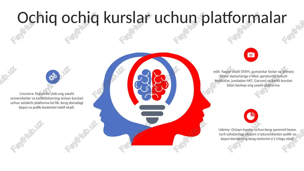 liq ma'lumot beradi. ishga qabul qilish imkoniyatlari: moocs odamlarga o'z martabalarini oshirish uchun yangi ko'nikma va bilimlarga ega bo'lish imkonini beruvchi moslashuvchan o'rganish imkoniyatlarini taqdim etadi. ishga qabul qilish uchun moocsning afzalliklari: moocs o'quvchilarning qobiliyatlarini oshirish, sanoat tendentsiyalaridan xabardor bo'lish va professional tarmoqlarini kengaytirish orqali ularga imkoniyatlar beradi. bilim va ko'nikmalarni rivojlantirish contents title 2. kurslarning xilma-xilligi: massive open onlayn kurslari (moocs) kirish kurslaridan tortib ixtisoslashtirilgan dasturlargacha keng imkoniyatlarni taklif etadi. siz texnologiya, biznes, sog'liqni saqlash va shaxsiy o'sish kabi turli mavzularni o'rganishingiz mumkin. 1. bilim va ko'nikmalarni rivojlantirish: onlayn kurslar bilimlarni oshirish va yangi ko'nikmalarga ega bo'lishning moslashuvchan va qulay usulini taklif qiladi. ular o'z tezligingiz, vaqtingiz va joylashuvingiz bo'yicha o'rganish qulayligini ta'minlaydi. 3. o'zaro ta'sir va hamkorlik: ko'pgina mooc'larda o'quvchilar o'qituvchilar bilan muloqot qilishlari, savollar berishlari va munozaralarda qatnashishlari mumkin bo'lgan onlayn forumlar va munozara taxtalari mavjud. bu o'quvchilar o'rtasida hamkorlik va hamjamiyat hissini rivojlantiradi. shaxsiy va professional …
