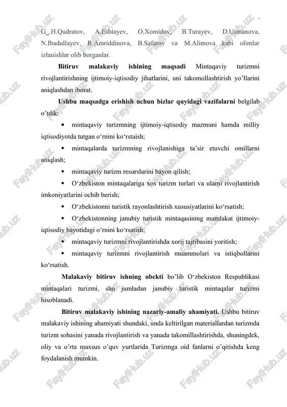 yotda tutgan o‘rni so‘ngi yillarda turizmning tez sur’atlarda o‘sishi va ta’sir doirasining kuchayishi dunyo mamlakatlari o‘rtasida aloqalarning rivojlanishida muhim omil bo‘ldi. shuningdek, turizm jahon va milliy iqtisodiyotga sezilarli ta’sir ko‘rsatmoqda. turizm mintaqaviy daromadning o‘sishi, infrastrukturaning shakllanishi, yangi ish joylarini yaratish orqali bandlik muammosini hal qilish, davlatlar va mintaqalar o‘rtasidagi aloqalarni rivojlantirgan holda, mintaqaviy rivojlanishning barcha tamonlariga ta’sir etadi. shunday ekan oldimizda turgan asosiy vazifalardan biri mamlakatimizda mintaqaviy turizmni rivojlantirishdir. turizm mamlakatimiz iqtisodiyotida qishloq xo‘jaligi, sanoat, transport va boshqa makroiqtisodiy tarmoqlar qatori o‘zining munosib o‘rniga ega bo‘lishi uchun yetarlicha resurslarga ega. mamlakatimizda turizmni rivojlantirish imkoniyatlari bo‘yicha markaziy osiyo davlatlari ichida yetakchi hisoblanadi. turizmning rivojlanishi davlat uchun ham juda foydalidir. xususan u turizmni rivojlantrish evaziga o‘z iqtisodiyotining yuksalishiga erishadi, davlat byudjetiga tushumlarning ko‘payishini ta’minlaydi, tabiiy resurslarni asrab-avaylashga erishadi, mamlakatning ijtimoiy barqarorligini ta’minlashga harakat qiladi va unga erishadi, xalqaro aloqalarga erishadi, madaniy aloqalar kengayadi, valyuta tushumi ko‘payadi va h.k. turizm iqtisodiyotning tarkibiy qismi …