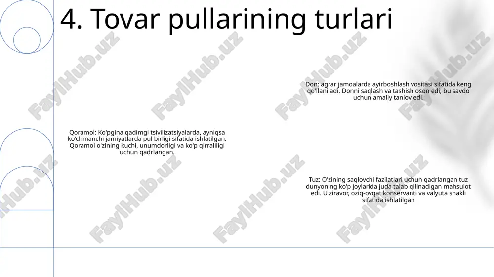rol o‘ynagan. iqtisodiy ahamiyati: tovar pul sifatida tamaki iqtisodiy operatsiyalarga ta'sir ko'rsatdi, savdoni osonlashtirdi va turli madaniyatlarda pul tizimining rivojlanishiga hissa qo'shdi. 12. tamaki tovar puli sifatida ziravorlar ayirboshlash vositasi sifatida: ziravorlar qimmatligi, koʻchmaligi va chidamliligi tufayli qulay ayirboshlash vositasi boʻlib xizmat qilgan. ular tranzaktsiyalar va katta masofalar bo'ylab savdoni osonlashtirdilar. qiymatni saqlash: tovar puli sifatida ziravorlar qiymatini yo'qotmasdan uzoq vaqt davomida saqlanishi va saqlanishi mumkin edi. bu ularni ishonchli boylik va afzal sarmoyaga aylantirdi. hisob birligi: ziravorlar boshqa tovarlar va xizmatlar qiymatini o'lchash uchun umumiy maxraj sifatida ishlatilgan. ular narxlarni standartlashtirdilar va turli xil narsalarni taqqoslashni soddalashtirdilar. 13. ziravorlar tovar puli sifatida 1. tarixiy ahamiyati: “tovar pul munosabatlari” karl marksning 1857 yilda nashr etilgan peshqadam asari bo‘lib, uning pul va qiymat nazariyasiga asos solgan, pulning tovar ayirboshlashdan kelib chiqishini ta’kidlagan. 2. asosiy tushunchalar: marks tovar pul evolyutsiyasining uch bosqichini aniqladi: oddiy ayirboshlash, pul ayirboshlash va rivojlangan pul almashinuvi. u …