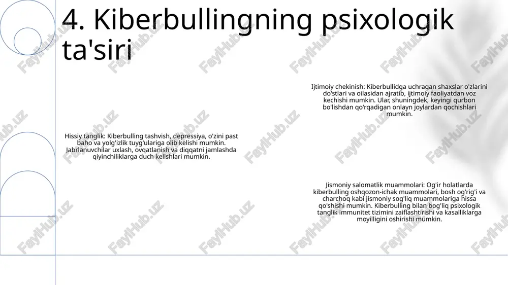 g. 13. kiberbullingning oldini olish strategiyalari ta'rif: onlayn ta'qib qilish va kiber ta'qib qilish boshqa shaxsni qo'rqitish, tahdid qilish yoki zarar etkazish uchun elektron aloqadan qasddan foydalanishni anglatadi. ta'siri: onlayn ta'qibning oqibatlari og'ir bo'lishi mumkin, jumladan, hissiy tanglik, tashvish, depressiya va hatto jismoniy zarar. shuningdek, u munosabatlarga, obro'ga, ta'lim yoki kasbiy imkoniyatlarga salbiy ta'sir ko'rsatishi mumkin. oldini olish: onlayn ta'qib va ​​kiber ta'qibning oldini olish uchun potentsial xavflardan xabardor bo'lish, yaxshi onlayn odob-axloq qoidalariga amal qilish, shaxsiy ma'lumotlarni himoya qilish va har qanday shubhali yoki zararli xatti-harakatlar haqida hokimiyat yoki ishonchli shaxslarga xabar berish muhimdir. 14. onlayn ta'qib va ​​ta'qib qilish nafratli kontent: irqi, etnik kelib chiqishi, dini, jinsi, jinsiy orientatsiyasi, nogironligi yoki boshqa himoyalangan xususiyatlarga asoslangan zo'ravonlik, nafrat yoki kamsitishni qo'zg'atuvchi har qanday nutq. kiberbulling: boshqalarni haqorat qilish yoki bezovta qilish uchun elektron qurilmalardan foydalanish, jumladan, tahdidli xabarlar yuborish, tuhmat qiluvchi kontentni joylashtirish yoki boshqalarni internetda taqlid qilish. kiberbullying …