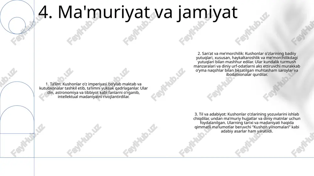 ashi arxitekturaga ta'siri: kushonlar monumental me'morchiligi, masalan, stupalar va monastirlar, hindiston, xitoy va undan tashqaridagi me'morchilik uslublarini shakllantirib, markaziy va sharqiy osiyodagi keyingi buddist tuzilmalariga ta'sir ko'rsatdi. badiiy meros: kushon san'ati, xususan, gandharan haykaltaroshligi buddist ikonografiyasining rivojlanishida hal qiluvchi rol o'ynadi. kushon sanʼatidagi naturalistik va ellinistik taʼsirlar oʻrta osiyoga ham yetib borgan va xotan va dunxuan kabi saltanatlarning badiiy anʼanalarini ilhomlantirgan. diniy ta'sir: kushon imperiyasi buddizm va hinduizmni qo'llab-quvvatladi va bu dinlarning keng hududlarida o'sishiga yordam berdi 13. kushonlar davrining keyingi sivilizatsiyalarga ta'siri gandhara san'ati: kushonlar yunon va hind ta'sirini birlashtirgan gandhara san'ati deb nomlanuvchi buddist san'atining o'ziga xos uslubini targ'ib qildilar. adabiyotga homiylik: kushonlar hukmdorlari adabiyot homiylari bo‘lib, hind matnlarini yunon tiliga tarjima qilish va sanskrit adabiyotining rivojlanishini qo‘llab-quvvatlaganlar. arxitektura innovatsiyalari: ular keyingi islom va hind me’morchiligiga ta’sir ko‘rsatgan uchli arklar va gumbazli tomlardan foydalanish kabi yangi me’morchilik usullarini joriy etdilar. 14. kushonlar madaniy merosi kushon arxitektura merosi: - …