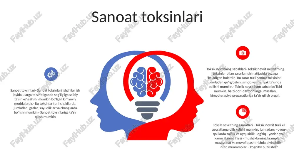 tiyalarning asoratlari: mushaklarning kuchsizligi, uyquchanligi yoki og'rig'iga olib keladigan doimiy nerv shikastlanishi; kognitiv buzilish; va nafas olish yoki yurak-qon tomir muammolari. og'riq contents title toksik nevrit - bu tananing periferik nervlariga zarar etkazadigan toksinlar tufayli rivojlanadigan asab shikastlanishi. - toksinlar dori vositalari, og'ir metallar va sanoat kimyoviy moddalari kabi turli manbalardan kelib chiqishi mumkin. og'riq - og'riq - bu to'qimalarning haqiqiy yoki potentsial shikastlanishi bilan bog'liq bo'lgan yoqimsiz hissiy va hissiy tajriba. - bu tananing biror narsa noto'g'ri ekanligini va e'tiborga muhtojligi haqida signal berish usuli. asoratlar - toksik nevrit turli xil alomatlarga olib kelishi mumkin, jumladan, uyqusizlik, karıncalanma, mushaklar kuchsizligi va og'riq. - og'ir holatlarda asabning doimiy shikastlanishi va falajga olib kelishi mumkin. kognitiv buzilish kognitiv buzilish: - ko'pincha xotira, fikrlash va muammolarni hal qilish qobiliyatlariga ta'sir qiladi. - demans, miya shikastlanishi yoki ruhiy salomatlik holatlari sabab bo'lishi mumkin. toksik neyropatiyalarning asoratlari:- qo'l va oyoqlarda uyqusizlik, karıncalanma yoki og'riq.- …