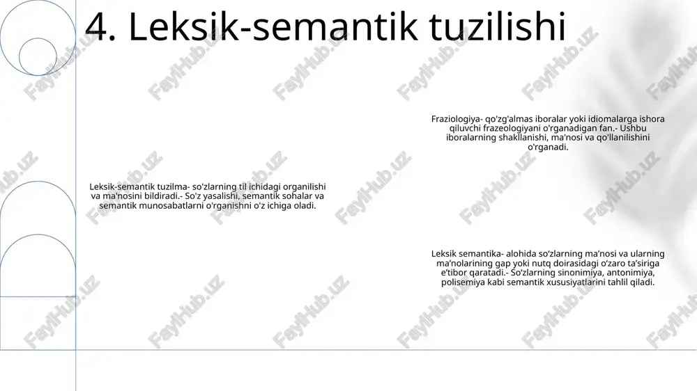 i ma'nosidan farq qiladigan muayyan ma'noga ega bo'lgan sobit so'z birikmalari bo'lgan frazeologizmlarni o'rganish uchun hisoblash usullaridan foydalanadi. fraziologiya: fraziologiya to‘plam iboralari va ularning tilda qo‘llanilishini o‘rganadi. frazeologik birliklar, maqollar, matallar, iboralar, idiomalar va boshqalarni o'z ichiga oladi. frazeologizmlar: o‘z tarkibiy qismlarining ma’nolaridan farq qiluvchi maxsus yaxlit ma’noga ega bo‘lgan turg‘un leksiklashgan iboralar. ular xalq tarixi, madaniyati va mentalitetini aks ettiruvchi tilda muhim o‘rin tutadi. 15. hisoblash frazeologiyasi frazeologik lug'atlar - bu frazeologik birliklar haqida ma'lumot beruvchi ma'lumotnomalar bo'lib, ular alohida ma'noga ega bo'lgan qo'zg'almas iboralar bo'lib, ularning alohida so'zlarining ma'nolaridan xulosa chiqarish mumkin emas. fraziologiya - frazeologiyani, jumladan, frazeologik birliklarni to'plash, tasniflash va tahlil qilishni o'rganadigan fan. frazeologik lug‘atlarda odatda frazeologik birliklarning ma’nosi, kelib chiqishi, qo‘llanishi, variantlari hamda boshqa tillardagi ekvivalentlari haqidagi ma’lumotlar mavjud. 16. frazeologik lug'atlar frazeologik o'zgarishlar uchun motivatsiya- nutqning ifodaliligi va jonliligi kuchayishi- bir xillik va takroriylikdan qochish- tilning stilistik farqlanishi- hazil va istehzo. frazeologik turlanish …