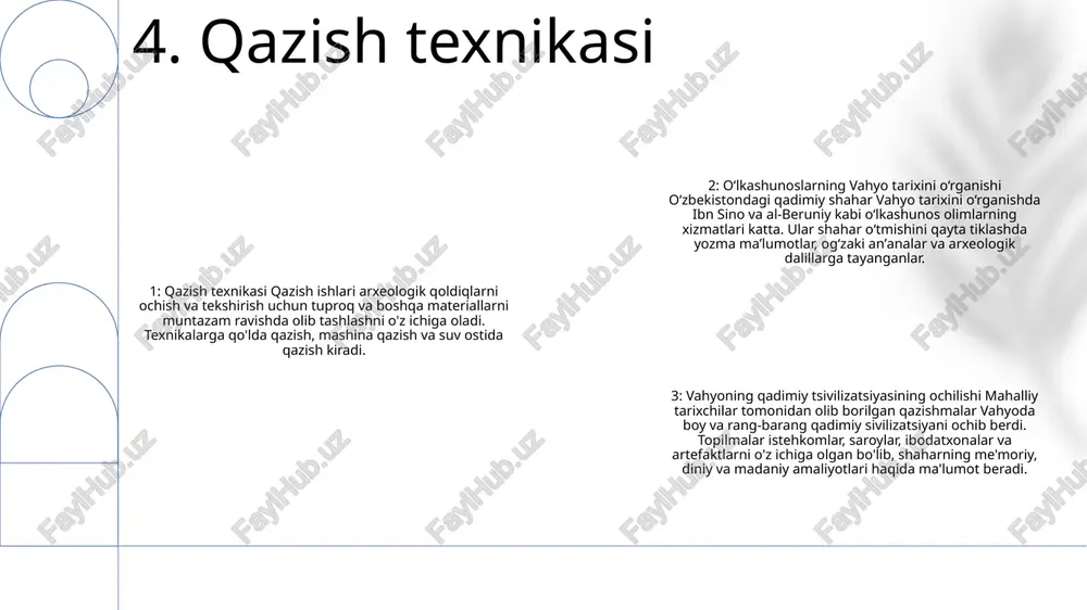 m beradi. shuningdek, bu bizga o'tmishdagi xatolarimiz va muvaffaqiyatlarimizdan saboq olish va yaxshiroq kelajakni rejalashtirish imkonini beradi. 11. meros va saqlash 1. fanlararo yondashuvlarga e'tibor qarating: vaha tarixini har tomonlama tushunish uchun tarixiy, arxeologik, antropologik va lingvistik nuqtai nazarlarni birlashtiring. 2. mahalliy rivoyatlarni o'rganing: vaha xalqining hayotiy tajribasi va istiqbollarini ochish uchun mahalliy og'zaki tarix, xalq ertaklari va afsonalarini hujjatlash va tahlil qilish. 3. texnologiyaning rolini o'rganing: texnologiyadagi yutuqlar tadqiqot usullarini qanday yaxshilashi, ma'lumotlar tahlilini osonlashtirishi va olimlar va jamoalar o'rtasida hamkorlikni rivojlantirishi mumkinligini ko'rib chiqing. 12. kelajakdagi tadqiqot yo'nalishlari tarixiy manbalar: oʻlkashunoslar xorazm tarixini oʻrganishda yozma hujjatlar, arxeologik topilmalar, ogʻzaki ijod namunalari kabi turli manbalardan foydalanganlar. tahlil va talqin: oʻlkashunoslar oʻz manbalarini sinchkovlik bilan tahlil qildilar va talqin qildilar, voqealar oʻrtasidagi bogʻliqlikni oʻrnatdilar va mintaqa oʻtmishini qayta tiklash uchun naqshlarni aniqladilar. mahalliy oʻziga xoslikka taʼsiri: xorazmlik tarixchilar tomonidan oʻlka tarixini oʻrganish mintaqaviy gʻurur tuygʻusini uygʻotdi va madaniy anʼanalar va …