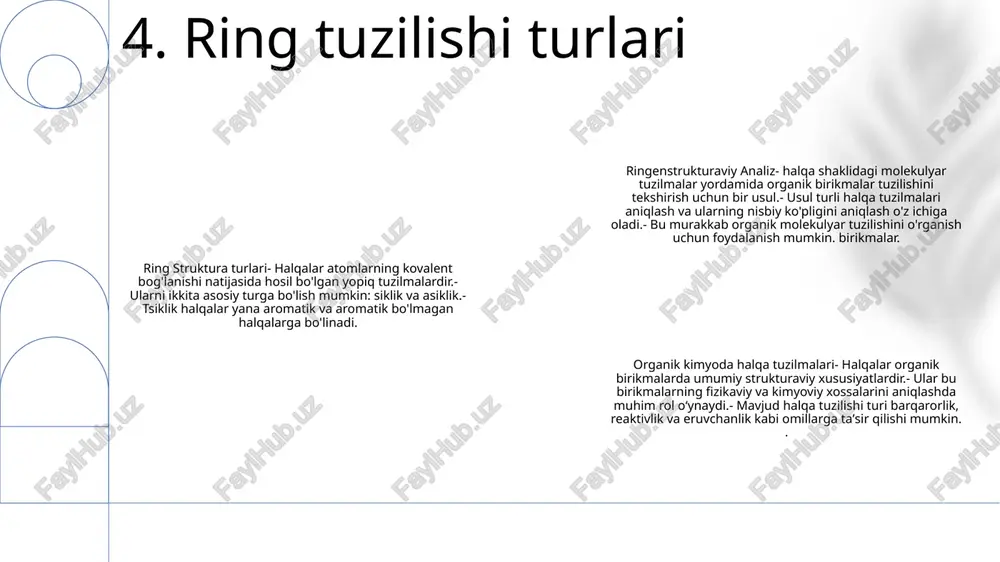 dam beradi. 11. ring tuzilishini tahlil qilish uchun dasturiy vositalar ringel-euler tahlilining cheklovlari: - murakkab topologiyaga ega tarmoqlarni tahlil qilishda qiyinchilik, chunki u tekis, 1 o'lchovli tuzilmani qabul qiladi. ringel-euler tahlilida duch keladigan qiyinchiliklar: - tarmoq ichidagi tsikllar va halqalarni boshqarish, bu tahlilda noaniqliklarga olib kelishi mumkin. ringel-euler tahlilining kamchiliklari: - olingan natijalarning to'g'riligiga ta'sir qilishi mumkin bo'lgan qirralarning yo'nalishini hisobga olish mumkin emas. 12. cheklovlar va qiyinchiliklar 1. uslubiy yutuqlar: halqalarni tahlil qilishning aniqligi va samaradorligini oshirish uchun yangi algoritmlar va usullarni o'rganish, jumladan, mashinani o'rganish va chuqur o'rganish yondashuvlari. 2. fanlararo ilovalar: dori kashfiyoti, materialshunoslik va ijtimoiy tarmoq tahlili kabi turli sohalarda halqa tahlilining imkoniyatlarini o'rganish. 3. nazariy tushunchalar: halqalar tahlilining matematik asoslarini o‘rganish, yangi naqsh va xususiyatlarni ochish, halqa tuzilmalari va ularning ahamiyatini chuqurroq tushunishga olib keladi. 13. kelajakdagi yo'nalishlar va tadqiqot imkoniyatlari xulosa: ringenstrukturaviy analiz (rsa) biologik tizimlarni tahlil qilish va baholash uchun keng qamrovli metodologiyani …