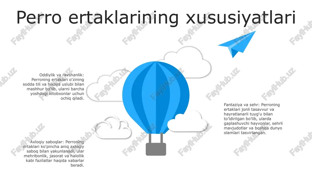 v umumiy tahlili markaziy osiyo bolalar adabiyotining umumiy xususiyatlarini, tarixiy rivojlanishi va hozirgi tendentsiyalarini ochib beradi”. 3: "sharl perro ertaklarining o'ziga s w o t swot "botinkadagi yirtqich" tahlili 1: "botinkali mushuk" klassik ertakni ko'rib chiqadi, uning ayyorlik, yolg'on va ijtimoiy harakatchanlik mavzularini o'rganadi. 2: bu charlz perroning jonli til, axloqiy saboqlar va hazil tuyg'usi bilan ajralib turadigan noyob hikoya uslubini tahlil qiladi. 3: maqolada perro ertaklarining bola rivojlanishiga aloqadorligi va bizning tasavvurimizni shakllantirishda ertaklarning mustahkam kuchi muhokama qilinadi. chet el bolalar moslashuvi umumiy tahlil: bu bo‘limda o‘zbek bolalar adabiyotining umumiy tahlili berilgan. an’anaviy xalq ertaklaridan tortib, zamonamiz adiblari asarlarigacha bo‘lgan turli asarlar o‘rganiladi. bolalar rivojlanishiga ta'siri: ertaklar bolalarning kognitiv, hissiy va ijtimoiy rivojlanishida muhim rol o'ynaydi. ular tasavvurni, til ko'nikmalarini va muammolarni hal qilish qobiliyatlarini rivojlantiradilar. sharl perro ertaklarining o‘ziga xos xususiyatlari haqida: sharl perroning ertaklari o‘zining betakror personajlari, ta’sirchan syujetlari va axloqiy saboqlari bilan mashhur. ushbu bob perro …