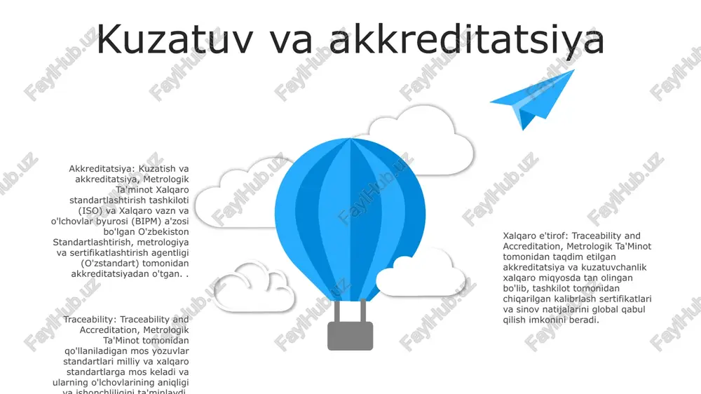 qartirish va aktivlarning ishlash muddatini optimallashtirish orqali proaktiv texnik xizmat ko‘rsatish imkonini beradi. 06 05 04 03 02 sifat kafolati va me'yoriy hujjatlarga muvofiqligi 01 02 sifat menejmenti tizimi: metrologik ta'minot iso 9001:2015 standartlariga muvofiq sifat menejmenti tizimini (sms) izchillik bilan ta'minlaydi va mijozlar talablariga javob beradi. normativ hujjatlarga muvofiqlik: kompaniya farmatsevtika va tibbiy asbob-uskunalar sohalari uchun gxp (yaxshi amaliyot bo'yicha ko'rsatmalar) kabi axloqiy va huquqiy me'yorlarga rioya qilishni ta'minlaydigan tegishli sanoat qoidalariga qat'iy rioya qiladi. 03 akkreditatsiya va sertifikatlashtirish: metrologik ta'minot turli sohalarda tan olingan akkreditatsiya va sertifikatlarga ega, jumladan kalibrlash laboratoriyalari uchun iso/iec 17025, sinov va kalibrlash xizmatlarining aniqligi va ishonchliligini ko'rsatadi. ishlab chiqarishda metrologiya aniqlikni o'lchash: ishlab chiqarishda metrologiya metrologiya o'lchov fani bo'lib, mahsulotning aniqligi va sifatini ta'minlash uchun ishlab chiqarishda hal qiluvchi ahamiyatga ega aniqlikni ta'minlash: kalibrlash va kuzatish. kalibrlash asboblarni ma'lum standartlarga solishtirish orqali o'lchov aniqligini saqlash uchun zarurdir. kuzatish imkoniyati o'lchovlarni milliy yoki xalqaro …