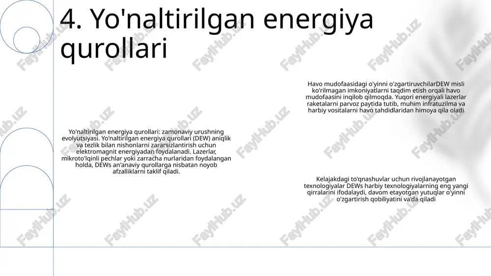 gquantum sensorlari, masalan, kvant magnitometrlari magnit maydonlarni aniqlash uchun misli ko'rilmagan sezgirlikni ta'minlaydi. ushbu yutuqlar ilg'or kuzatuv tizimlari, yashirin texnologiyalar va aniq boshqariladigan o'q-dorilarni yaratishga imkon beradi. 10. kvant qurollari nano-urush: ta'rifi va tushunchasinano-urush harbiy maqsadlarda ishlab chiqilgan nanozarrachalardan foydalanishni anglatadi. hajmi 100 nanometrdan kam bo'lgan nanozarrachalar biologik to'siqlarga kirib borish va hujayra jarayonlari bilan o'zaro ta'sir qilish imkonini beruvchi noyob xususiyatlarga ega. nano-warfarein harbiy ilovalari, nanozarrachalar maqsadli terapiyani amalga oshirish, dushman transport vositalarini aniqlash va o'chirish yoki qurol tizimlari uchun ilg'or materiallarni yaratish uchun mo'ljallangan bo'lishi mumkin axloqiy tashvishlar va kelajak yo'nalishlarinano-urush o'zining g'ayriinsoniy azob-uqubatlarga olib kelishi va uning xalqaro huquqqa ta'siri haqida axloqiy xavotirlarni keltirib chiqaradi 11. nano-urush ekzoskeletlar: urush kelajagi- ekzoskeletlar inson kuchi, chidamliligi va harakatchanligini oshiradi.- ular og‘ir yuklarni ko‘tarishi, to‘siqlarga chiqish va himoyani ta’minlashi mumkin.- harbiylar ekzoskeletlarni jangovar, logistika va razvedkada qo‘llash uchun o‘rganmoqda. zamonaviy qurollar: ilg'or texnologiyalar- yo'naltirilgan energiya qurollari yuqori energiyali nurlarga qaratilgan …