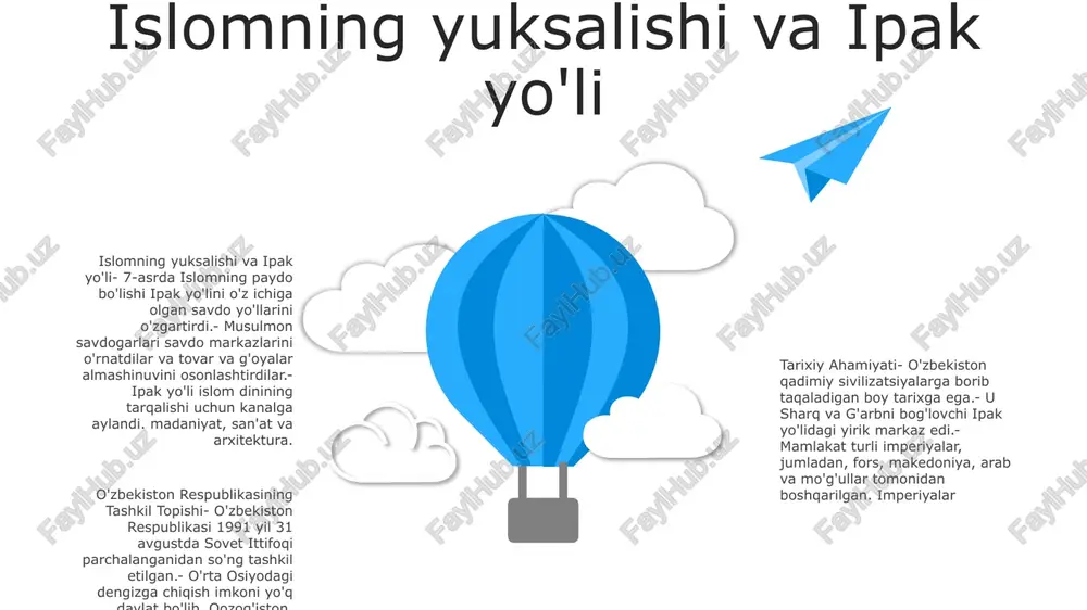 va xalqaro aloqalari 01 02 oʻzbekistonning tashkil topishining tarixiy ahamiyati:bir vaqtlar sovet ittifoqining bir qismi boʻlgan oʻzbekiston 1991-yilda mustaqillikka erishdi. uning tashkil topishi mintaqada oʻzini oʻzi boshqarish, iqtisodiy taraqqiyot va madaniyatni saqlab qolish uchun keng yoʻl ochgan muhim bosqich boʻldi. mintaqaviy aloqalar: o‘zbekiston mintaqaviy hamkorlikda, xususan, markaziy osiyo mintaqasi doirasida muhim rol o‘ynaydi. shanxay hamkorlik tashkiloti (shht) va mustaqil davlatlar hamdoʻstligi (mdh) kabi tashkilotlarda faol ishtirok etib, qoʻshni davlatlar bilan iqtisodiy, siyosiy va xavfsizlik sohasida hamkorlikni rivojlantirishga xizmat qiladi. 03 xalqaro aloqalar: oʻzbekiston dunyoning 120 dan ortiq davlatlari bilan diplomatik aloqalarni oʻrnatgan. u birlashgan millatlar tashkilotining a'zosi va aqsh, xitoy va rossiya kabi asosiy o'yinchilar bilan strategik hamkorlikni yo'lga qo'ygan e'tiboringiz uchun rahmat @taqdimot_robot image12.jpg image3.jpg image2.jpg /docprops/thumbnail.jpeg