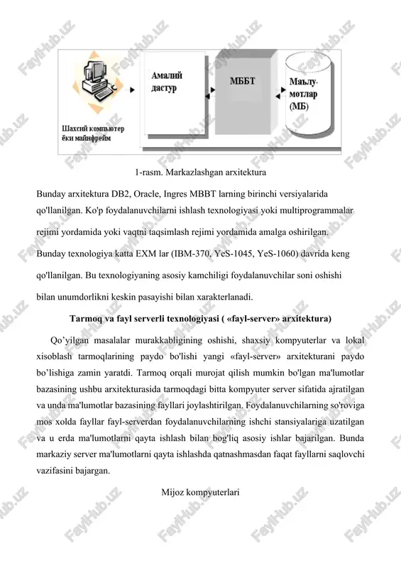sosiy kamchiliklari ko'rsatiladi: foydalanuvchilar bir vaqtda bitta ma'lumotga murojaat etsa unumdorlik keskin pasayadi, chunki joriy ma'lumot bilan ishlayotgan foydalanuvchi o'z ishini tugatishini kutish zarur. aks xolda bir foydalanuvchi tomonidan kiritlgan o'zgartish ikkinchi foydalanuvchining amallari natijasida yo'qotilishi mumkin. mb ga murojaat etganda barcha xisoblash yuklamasi mijoz dasturi zimmasiga tushadi. chunki jadvaldan ma'lumot tanlash so'rovi beilganda mb ning to'lda jadvali mijoz mashinasiga nusxalanadi va tanlash mijox tomonda bajariladi. shu tarzda mijoz kompyuteri va taromqning resurslari nooptimal tarzda sarflanadi. natijada tarmoq trafigi ko'payadi va foydalanuvchilar kompyuterlarining apparat quvvatiga bo'lgan talablar ham oshadi. qoidaga ko'ra, alohida yozuvlar bilan ishlash uchun mo'ljallangan navigatsion yondoshuv qo'laniladi. fayl-serverdagi mb ning alohida jadvallariga dasturdan foydalanmasdan instrumentlar vositasi yordamida o'zgartishlar kiritish juda oson (masalan, paradox va dbase fayllariga borland firmasining database desktop utiliti yordamida); bu imkoniyat yana shunisi bilan osonlashadi, bunday mbbt larda ma'lumotlar bazasi tushunchasi fizik emas ko'proq mantiqiy tushuncha xisoblanadi. chunki ularda ma'lumotlar bazasi deganda diskning aloxida …