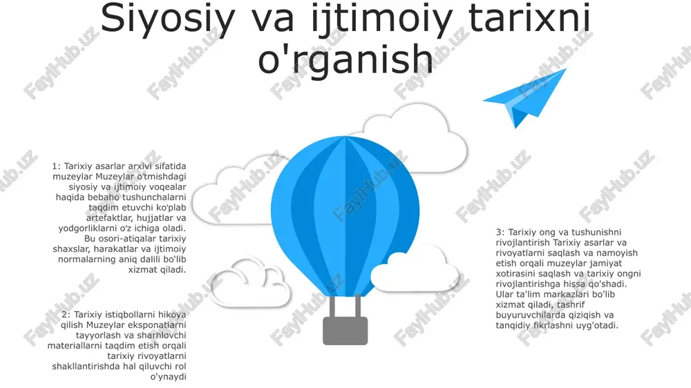 yordam beradi. fuqarolik ishtirokini rivojlantirish: tarixiy muloqot va tushunish uchun platformani taqdim etish orqali muzeylar fuqarolarning faolligini oshirishi va jamiyat tuyg'usini rivojlantirishi mumkin 06 05 04 03 02 turizm va madaniyat sanoatini rivojlantirish 01 02 madaniy merosni saqlash: muzeylar mintaqaning madaniy merosini saqlash va namoyish etishda muhim rol o'ynaydi, uning tarixi va an'analari bilan aniq aloqani ta'minlaydi. turizm va iqtisodiy rivojlanish: muzeylar mintaqa ichidan va tashqarisidan tashrif buyuruvchilarni jalb qiladi, turizm daromadlarini oshirish, ish o'rinlarini yaratish va infratuzilmani rivojlantirish orqali iqtisodiy faollikni rag'batlantiradi. 03 ta'lim va madaniyatni boyitish: muzeylar mintaqa madaniyati, tarixi va o'ziga xosligini chuqurroq tushunish va qadrlashga yordam beradigan ta'lim dasturlari, ekskursiyalar va interfaol ko'rgazmalarni taklif qiladi. fanlararo tadqiqotlarni rivojlantirish tarixiy tadqiqotlarni kuchaytirish: fanlararo hamkorlikni rag'batlantirish. fanlararo tadqiqotlar turli fanlar o'rtasidagi hamkorlikni rivojlantiradi, tarixiy tadqiqotlarni boyitadi. arxeologiya, antropologiya va muzeyshunoslik istiqbollarini birlashtirib, tadqiqotchilar o'tmish voqealari haqida to'liq tushunchaga ega bo'lishadi. muzeylar tarix arxivi sifatida: tarixiy tushunishni rivojlantirish muzeylar …