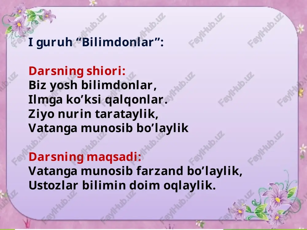 , kalamushlar, arilar d. eshak, kalamushlar, arilar, xo’kiz, xo’roz 3. maqolning davomini toping: nonni katta tishlasang ham….. a.suvni katta ho’plama c.gapni katta gapirma b.chaynab yeyishga o’rgan d.to’g’ri javob yo’q 4. “o’zi bir qarich,saqoli qirq qarich” topishmog’i necha predmetli ? a.bir b.ikki c.uch d.bir necha 5. topishmoqning javobini toping: “qo’shnimning arqoni devordan oshib tushdi” a.jo’xori b.qovun c.oshqovoq d.uzum tezkor testlar 1. badiiy adabiyotning asosiy quroli nimada? a. so`z b. yozuv. s.ijod d. fikr. 2. kenja botir nima uchun zindonga solindi? a. podshoni qo`riqlay olmagani uchun. s. ilonni o`ldirgani uchun e. podshohni o`ldirishda gumon qilingani uchun 3. maqol bu -……? a. arabcha “naql” degan ma’noni bildiradi. b. tojikcha’’so’z”degan ma’noni bildiradi. c. arabcha’’ so’z” degan ma’noni bildiradi. d. forscha’’ so’z” degan ma’noni bildiradi. 4. maqolni davom etiring. “do’st – do’stning…” a. ko’rki c. ishongan tog’i b. boyligi d. oynasi 5. “uch og’a – ini botirlar” ertagida ota o’g’illarini uch narsa bilan tarbiya qiladi. …
