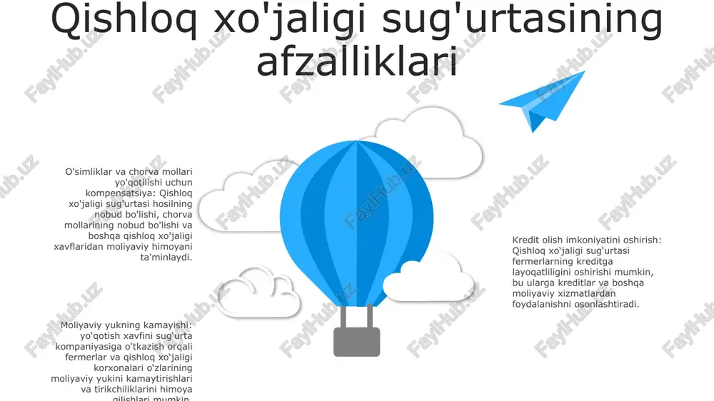 barqarorlikni saqlab qolish va qarz yoki qashshoqlikka tushib qolmasdan fermerlik faoliyatini davom ettirish imkonini beradi. 03 hosildorlikning oshishi: qishloq xo‘jaligi sug‘urtasining mavjudligi fermerlarni kutilmagan hodisalardan himoyalanganligini bilib, innovatsion amaliyotlarni qo‘llashga va hosildorlikni oshiruvchi texnologiyalarga sarmoya kiritishga undaydi. qishloq xo'jaligi sug'urtasining barqarorligi 1. moliyaviy barqarorlikqishloq xoʻjaligi sugʻurtasi moliyaviy barqarorlikni oqilona anderrayting amaliyotlari, samarali operatsiyalar va muvozanatli risklar portfeli orqali taʼminlaydi. u kelajakdagi majburiyatlarni qondirish uchun etarli zaxiralarni saqlab qolgan holda, mukofot daromadlari da'volar va xarajatlarni etarli darajada qoplashini ta'minlaydi. 2. ekologik barqarorlikqishloq xoʻjaligi sugʻurtasi fermerlarni barqaror qishloq xoʻjaligi amaliyotlarini qoʻllashga undash orqali ekologik barqarorlikni taʼminlaydi. u tabiatni muhofaza qilish choralarini rag'batlantiradi va dehqonchilikning atrof-muhitga ta'sirini kamaytiradigan dasturlarni qo'llab-quvvatlaydi. 3. ijtimoiy barqarorlikqishloq xoʻjaligi sugʻurtasi fermerlarni qishloq xoʻjaligi xatarlaridan moliyaviy himoya qilish orqali ijtimoiy barqarorlikni taʼminlashda muhim rol oʻynaydi. bu fermerlarga o‘z tirikchiligini saqlab qolish, qishloq aholi punktlarida oziq-ovqat xavfsizligi va barqarorlikni ta’minlashga yordam beradi. s w o t swot qishloq xo'jaligi sug'urtasidagi …