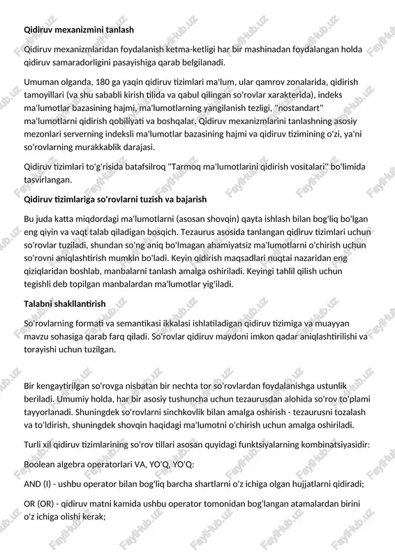 a qabul qilingan so'rovlar xarakterida), indeks ma'lumotlar bazasining hajmi, ma'lumotlarning yangilanish tezligi, "nostandart" ma'lumotlarni qidirish qobiliyati va boshqalar. qidiruv mexanizmlarini tanlashning asosiy mezonlari serverning indeksli ma'lumotlar bazasining hajmi va qidiruv tizimining o'zi, ya'ni so'rovlarning murakkablik darajasi. qidiruv tizimlari to'g'risida batafsilroq "tarmoq ma'lumotlarini qidirish vositalari" bo'limida tasvirlangan. qidiruv tizimlariga so'rovlarni tuzish va bajarish bu juda katta miqdordagi ma'lumotlarni (asosan shovqin) qayta ishlash bilan bog'liq bo'lgan eng qiyin va vaqt talab qiladigan bosqich. tezaurus asosida tanlangan qidiruv tizimlari uchun so'rovlar tuziladi, shundan so'ng aniq bo'lmagan ahamiyatsiz ma'lumotlarni o'chirish uchun so'rovni aniqlashtirish mumkin bo'ladi. keyin qidirish maqsadlari nuqtai nazaridan eng qiziqlaridan boshlab, manbalarni tanlash amalga oshiriladi. keyingi tahlil qilish uchun tegishli deb topilgan manbalardan ma'lumotlar yig'iladi. talabni shakllantirish so'rovlarning formati va semantikasi ikkalasi ishlatiladigan qidiruv tizimiga va muayyan mavzu sohasiga qarab farq qiladi. so'rovlar qidiruv maydoni imkon qadar aniqlashtirilishi va torayishi uchun tuzilgan. bir kengaytirilgan so'rovga nisbatan bir nechta tor so'rovlardan foydalanishga ustunlik …