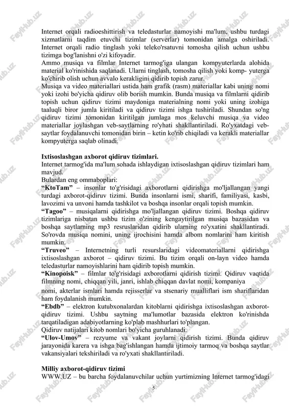 ki tasvir ko'rinishi hisoblanadi. internet tarmog'ida grafik ma'lumotlarning ko'plab turlari uchraydi, ya'ni: chizma (vektor), foto (rastr), harakatlanuvchi (animatsiya) hamda siqilgan rasmlar. bunday grafik ma'lumotlar tarkibida matnli axborot mavjud bo'lmaydi. shundan ko'rinib turibdiki, demak rasm ko'rinishidagi ma'lumotlar ustida faqatgina uning nomi yoki turi bo'yicha qidiruv olib borish mumkin. ko'pgina internet qidiruv tizimlari grafik yoki tasvir ko'rinishidagi ma'lumotlarni qidirish uchun alohida bo'limga ega bo'lib, bu bo'lim orqali ixtiyoriy turdagi rasmlarni ularning nomlari bo'yicha qidiruvni amalga oshirish mumkin. masalan: musiqalarni va filmlarni qidirish. internet tamog'ida matnli yoki rasm ko'rinishidagi ma'lumotlardan tashqari musiqa va video ma'lumotlarning ham ko'plab manbalari mavjud. internet tarmog'i orqali har bir foydalanuvchi musiqa eshitishi, radio tinglashi, teledasturlar yoki videofilmlarni tomosha qilishi mumkin. internet orqali radioeshittirish va teledasturlar namoyishi ma'lum, ushbu turdagi xizmatlarni taqdim etuvchi tizimlar (serverlar) tomonidan amalga oshiriladi. internet orqali radio tinglash yoki teleko'rsatuvni tomosha qilish uchun ushbu tizimga bog'lanishni o'zi kifoyadir. ammo musiqa va filmlar internet tarmog'iga ulangan …