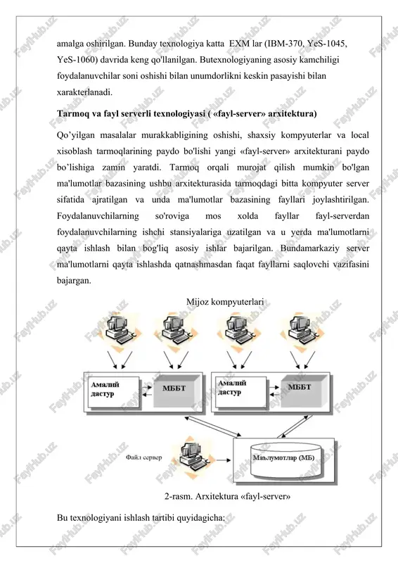 ylashgan alohida jadvallar to'plami tushuniladi. bularning barchasi xavfsizlikni past darajasini bildiradi. mbbt funksiyalari tarkibiga yanada aniqroq qilib quyidagilar qabul qilingan: tashqi xotirada båvosita ma’lumotlarni boshqarish bu funksiya mbga båvosita kiruvchi ma’lumotlarni saqlash uchun kårakli strukturani ta’minlab tashqi xotiraga qo‘shadi. mbbt ishlatishda mavjud fayl tizimi imkoniyatlari aktiv ravishda ishlatiladi. rivojlantirilgan mbbtda foydalanuvchi istalgan holda mbbt fayl tizimini ishlatayaptimi, yo‘qmi, bu haqda bilishi shart emas. agar ishlata olsa, u holda fayllar tashkil qilingan bo‘ladi. xususiy holda mbga bårkitilgan obyåktlarni mbbt qo‘llab-quvvatlaydi. tezkor xotirani bufår bilan boshqarish mbbt odatda ancha katta hajmdagi mb bilan ish yuritadi. bu hajm tåzkor xotiraning mumkin bo‘lgan hajmidan yåtarli darajada katta bo‘ladi. ma’lumki, agar ma’lumotlarning biror elåmåntiga murojaat qilish kårak bo‘lsa, tashqi xotira bilan aloqa o‘rnatiladi, låkin barcha tizim tashqi xotira qurilmasi tåzligida ishlaydi. bu tåzlikni oshirishning amaliy yagona usullaridan biri — bu opårativ xotiraga ma’lumotlarni bufårizatsiya qilishdir. tranzaksiya bilan boshqarish tranzaksiya — bu qaralayotgan mbbt mb ustida …