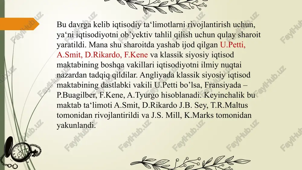 di; tarmoqlar o‘rtasidagi mehnat taqsimoti erkin raqobat natijasida bo‘lishi kerak, deb hisobladi;pulning faqat ayirboshlash vositasi funksiyasi tan olinadi adam smit (1723-1790) shotlandiyaning kerkoldi shahrida bojxona amaldori oilasida dunyoga keldi. glazgo va oksford universitetlarida ta’lim oldi, u yerda falsafa, adabiyot, tarix fanlari bilan birga fizika va matematikani ham o’rgandi. a.smit 1748 yilda edinburgda ommaviy leksiyalar o’qiy boshladi. glazgo universitetining professori lavozimiga saylandi, keyinchalik ijtimoiy fanlar kafedrasini boshqardi. a.smit 1759 yilda o’qigan leksiyalari asosida etikaning falsafiy muammolariga bag’ishlangan o’zining birinchi «ahloqiy hissiyot nazariyasi» kitobini yaratdi. a.smitning iqtisodiy qarashlari asosida shunday g’oya yotadiki, unga ko’ra jamiyat boyligi ishlab chiqarish jarayonida mehnat tufayli paydo bo’ladi (merkantilistlardan keskin farqi bor). eslang, fiziokratlar va ilk klassik maktab vakillari mehnat faqat qishloq xo’jaligidagina samarali bo’ladi, desalar, a.smit mehnatni barcha sohalarda (sanoat, qishloq xo’jaligi va xizmat ko’rsatish sohalari ) boylikning asosi deb bildi. u kapitalistik ishlab chiqarishnig manufaktura bosqichini tahlil qilish asosida iqtisodiy progressning muhim omili mehnat taqsimotidir, …