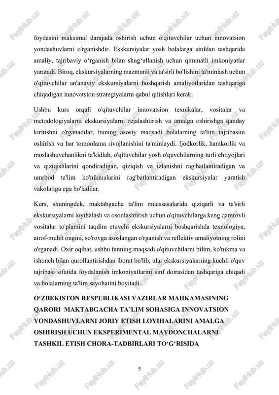shkent shahrida quyidagi davlat maktabgacha ta’lim muassasalari: toshkent shahar mirzo ulug‘bek tumanidagi 324-son davlat maktabgacha ta’lim tashkiloti; toshkent shahar mirobod tumanidagi 34-son davlat maktabgacha ta’lim tashkiloti negizida kompleks loyihani amalda ro‘yobga chiqarish uchun doimiy ishlaydigan eksperimental maydonchalarni tashkil etish to‘g‘risidagi takliflariga rozilik berilsin. 2. quyidagilar kompleks loyihani amalga oshirish doirasida doimiy bazaviy eksperimental maydonchalar sifatida tanlab olingan davlat maktabgacha ta’lim tashkilotlarining asosiy vazifalari deb hisoblansin: maktabgacha yoshdagi bolalarga ta’lim va tarbiya berishni tashkil etish sohasida ilg‘or xorijiy tajribani jalb etish yo‘li bilan respublikada maktabgacha ta’lim tizimini rivojlantirishga ko‘maklashish; kutubxona fondini shakllantirish va maktabgacha ta’limning mavzuli yo‘nalishlari bo‘yicha o‘quv-metodik va ilmiy-texnik adabiyotlar bilan, shuningdek, maktabgacha ta’limning xorijiy modellariga moslashtirish bo‘yicha metodik qo‘llanmalar bilan muntazam ravishda to‘ldirish; ta’lim-tarbiya jarayonini tashkil etishning ilg‘or xorijiy metodikalarini keng qo‘llash asosida ta’lim faoliyatini amalga oshirish, maxsus treninglar va mavzuli seminarlarni tashkil etish va o‘tkazish; respublikaning davlat maktabgacha ta’lim muassasalari tarbiyachilari va metodistlarini faol jalb etgan holda …