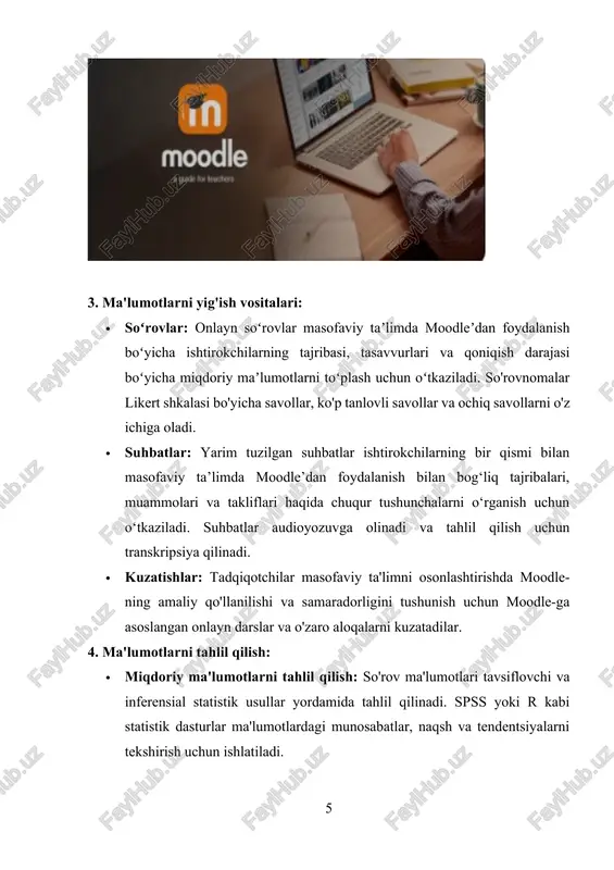irokchilardan yozma rozilik olinadi. · maxfiylik: barcha to'plangan ma'lumotlar maxfiy saqlanadi va xavfsiz saqlanadi, tadqiqot guruhiga kirish cheklangan. ishtirokchilarning shaxsiy ma'lumotlari maxfiylikni ta'minlash uchun anonimlashtiriladi. · ma'lumotlarni himoya qilish: to'plangan ma'lumotlarning yaxlitligi va xavfsizligini, shu jumladan raqamli ma'lumotlar uchun shifrlash va parolni himoya qilish va jismoniy hujjatlar uchun qulflangan saqlash uchun choralar ko'riladi. 6. cheklovlar: · umumlashtirish: tadqiqotning o'ziga xos konteksti va namunaviy xususiyatlari tufayli topilmalar cheklangan umumlashtirilishi mumkin. · noto'g'ri: ma'lumotlarning o'z-o'zidan bildirilgan tabiati, ishtirokchilar potentsial ravishda ijtimoiy jihatdan kerakli javoblarni taqdim etishi bilan javob berishning noto'g'riligini keltirib chiqarishi mumkin. xulosa: tadqiqot masofaviy ta'limda moodle texnologiyasidan foydalanishni o'rganish uchun uning ta'siri, afzalliklari, muammolari va kelajak istiqbollari haqida qimmatli ma'lumotlarni taqdim etishga qaratilgan qat'iy aralash usullardan foydalanadi. miqdoriy va sifatli ma'lumotlarni yig'ish va tahlil qilish usullarini birlashtirgan holda, tadqiqot onlayn ta'lim tajribasini shakllantirishda moodle-ning ko'p qirrali rolini yaxlit tushunishni taklif qilishga intiladi. natijalar va muhokama natijalar: tadqiqot natijalari turli ta’lim …