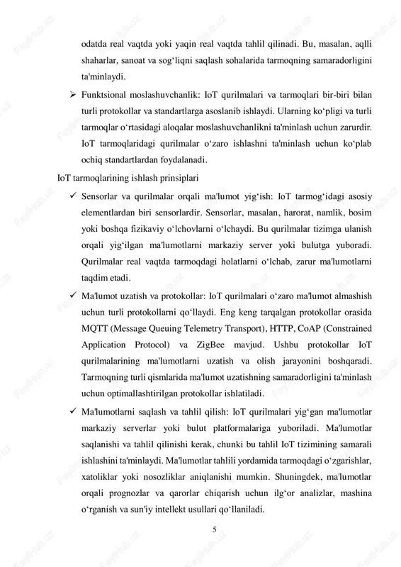 an, energiya yoki tarmoqning o‘zgaruvchan sharoitlari) bilan cheklangan bo‘lishi mumkin, bu esa tarmoqni boshqarish va ma'lumot uzatishni optimallashtirish uchun maxsus algoritmlar va strategiyalarni ishlab chiqishni talab qiladi. iot tarmoqlarining xususiyatlari va ishlash prinsiplari, ular bilan ishlashda duch kelinadigan asosiy masalalarni tushunishga yordam beradi. iot qurilmalarining samarali ishlashi uchun yuqori samarali ma'lumotlarni yig‘ish, uzatish va tahlil qilish tizimlarini yaratish, hamda real vaqtda ma'lumotlar asosida qarorlar qabul qilish muhim ahamiyatga ega. 7 2. iot tarmoqlarida ma'lumotlarni tahlil qilish va prognozlashning amaliy qo‘llanilishi iot (internet of things) tarmoqlari keng ko‘lamli qurilmalar va sensorlar orqali real vaqtda ma'lumotlar yig‘ish va uzatishni amalga oshiradi. ushbu ma'lumotlar o‘zida ko‘plab foydali malumotlarni saqlaydi, masalan, harorat, namlik, harakatlar, tovush, bosim va boshqa ko‘plab parametrlar. iot tarmoqlarida ma'lumotlarni tahlil qilish va prognozlash, ushbu ma'lumotlarni samarali boshqarish va tarmoqlarning samaradorligini oshirish uchun juda muhimdir. quyida iot tarmoqlarida ma'lumotlarni tahlil qilish va prognozlashning amaliy qo‘llanilishiga oid ba'zi asosiy sohalar va metodlar …
