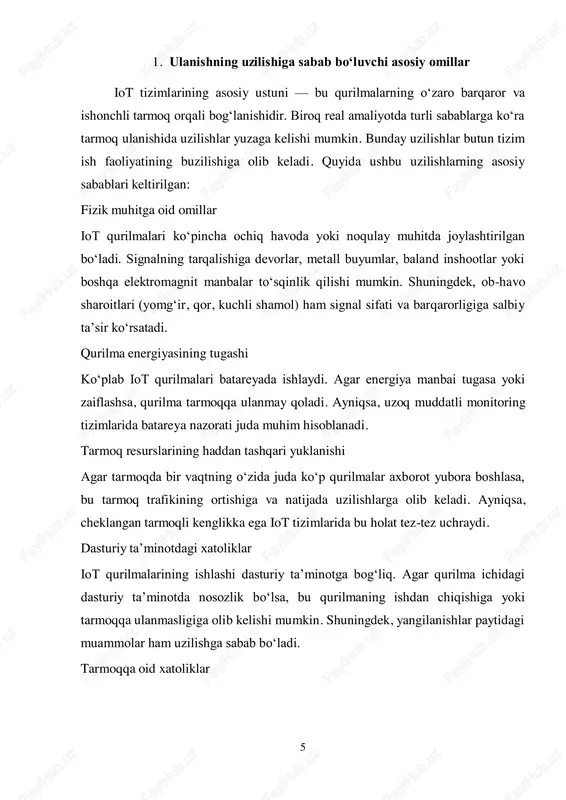 moqlar ipv6 asosida faoliyat yuritmoqda. agar qurilma faqat ipv4 ni qo‘llasa, ipv6 asosidagi tarmoq bilan to‘g‘ridan-to‘g‘ri bog‘lana olmaydi. tarmoq konfiguratsiyasi va sozlamalari iot qurilmasi statik ip manzili bilan sozlangan bo‘lishi mumkin, biroq tarmoq dhcp orqali avtomatik ip taqsimlashga mo‘ljallangan bo‘lsa (yoki aksincha), ulanish muvaffaqiyatsiz bo‘ladi. shuningdek, dns sozlamalari, subnet mask farqlari ham moslik muammolarini keltirib chiqaradi. dasturiy interfeys (api) va platforma mosligi ba’zi iot qurilmalari faqat o‘ziga mos platformalar (masalan, homekit, smartthings, google home) orqali ishlashga mo‘ljallangan bo‘lib, boshqa platformalarda ishlashi uchun qo‘shimcha konfiguratsiya yoki moslashtiruvchi dasturlar kerak bo‘ladi. qurilma va tarmoq o‘rtasidagi moslik muammolari iot tizimlarining ishonchliligini pasaytiradi va ulanish uzilishlariga olib keladi. shu sababli iot tizimlarini loyihalashda qurilmaning tarmoq infratuzilmasi bilan to‘liq mosligini oldindan aniqlash, texnik hujjatlarni chuqur o‘rganish va standartlarga rioya qilish muhimdir. 8 2. iot tizimlarida ulanishni qayta tiklash usullari iot tizimlarida barqaror ulanishni ta’minlash — tizim ishonchliligini saqlab qolishning muhim shartlaridan biridir. qurilmalar o‘rtasidagi aloqaning …