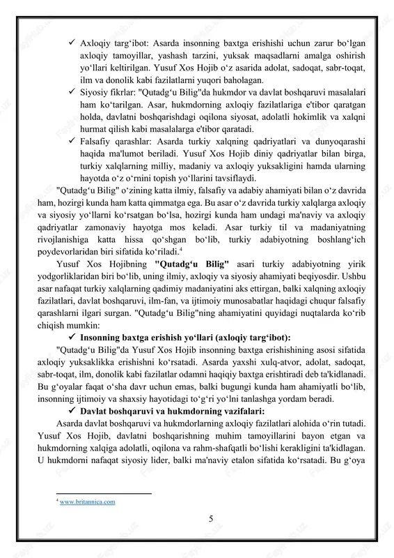 va yuksak maqsadlarni amalga oshirish yo‘llarini ko‘rsatadi. asarda hukmdorning axloqiy fazilatlari, davlatni boshqarishdagi oqilona siyosat, adolatli hokimlik va xalqni hurmat qilish kabi masalalar muhokama qilinadi. xos hojib bu asarda yaxshi boshqaruv, ilm-fan va axloqni birlashtirishga katta e'tibor beradi. asarning strukturasi va muhim jihatlari: · axloqiy targ‘ibot: asarda baxtga erishish uchun insonning ruhiy va axloqiy holati yuksalishi kerakligi ta'kidlanadi. yusuf xos hojib o‘z asarida adolat, sadoqat, sabr-toqat, ilm va donolik kabi fazilatlarni yuqori baholagan. · siyosiy fikrlar: "qutadgʻu bilig"da hukmdor va davlat boshqaruvi masalalari ham ko‘tarilgan. xos hojib, hukmdorning axloqiy fazilatlariga e'tibor qaratgan holda, davlatni boshqarishdagi oqilona siyosat, adolatli hokimlik va xalqni hurmat qilish kabi masalalarga e'tibor qaratadi. uning fikriga ko‘ra, yaxshi hukmdor, xalqi uchun yashaydigan, uning manfaatlarini birinchi o‘ringa qo‘yadigan shaxs bo‘lishi kerak. · falsafiy qarashlar: "qutadgʻu bilig"da turkiy xalqning qadriyatlari va dunyoqarashi haqida ma'lumot beriladi. yusuf xos hojib diniy qadriyatlar bilan birga, turkiy xalqlarning milliy, madaniy va axloqiy yuksakligini …