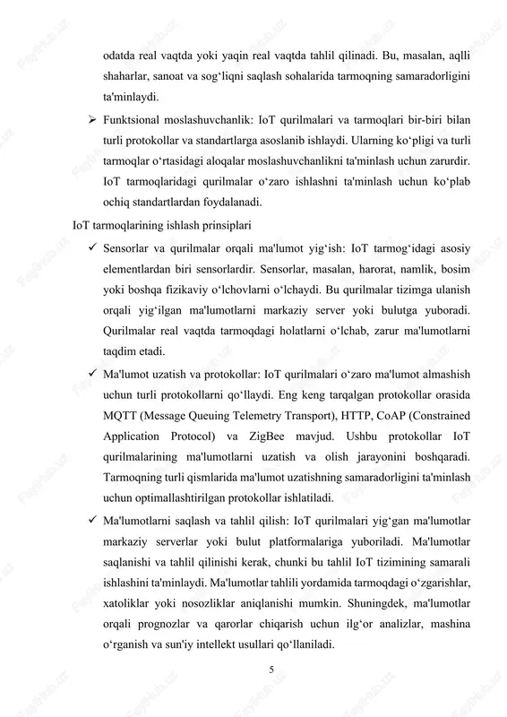 yoki tarmoqning o‘zgaruvchan sharoitlari) bilan cheklangan bo‘lishi mumkin, bu esa tarmoqni boshqarish va ma'lumot uzatishni optimallashtirish uchun maxsus algoritmlar va strategiyalarni ishlab chiqishni talab qiladi. iot tarmoqlarining xususiyatlari va ishlash prinsiplari, ular bilan ishlashda duch kelinadigan asosiy masalalarni tushunishga yordam beradi. iot qurilmalarining samarali ishlashi uchun yuqori samarali ma'lumotlarni yig‘ish, uzatish va tahlil qilish tizimlarini yaratish, hamda real vaqtda ma'lumotlar asosida qarorlar qabul qilish muhim ahamiyatga ega. 2. iot tarmoqlarida ma'lumotlarni tahlil qilish va prognozlashning amaliy qo‘llanilishi iot (internet of things) tarmoqlari keng ko‘lamli qurilmalar va sensorlar orqali real vaqtda ma'lumotlar yig‘ish va uzatishni amalga oshiradi. ushbu ma'lumotlar o‘zida ko‘plab foydali malumotlarni saqlaydi, masalan, harorat, namlik, harakatlar, tovush, bosim va boshqa ko‘plab parametrlar. iot tarmoqlarida ma'lumotlarni tahlil qilish va prognozlash, ushbu ma'lumotlarni samarali boshqarish va tarmoqlarning samaradorligini oshirish uchun juda muhimdir. quyida iot tarmoqlarida ma'lumotlarni tahlil qilish va prognozlashning amaliy qo‘llanilishiga oid ba'zi asosiy sohalar va metodlar keltirilgan. aqlli shaharlar …