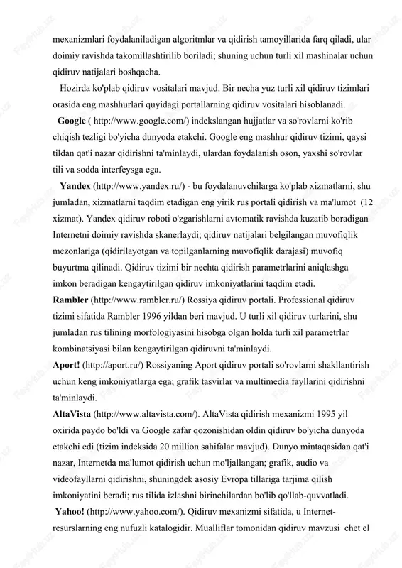 shni talab qilmaydi, shuning uchun siz kirsangiz qidiruv qatori tinish belgilarisiz va mantiqiy operatorlarsiz bir nechta so'zlar, keyin ushbu so'zlarni o'z ichiga olgan hujjatlar topiladi va bir-biridan o'zboshimchalik bilan masofada joylashgan. muayyan qidiruv tizimining so'rovlar tilini va uning to'g'ri qo'llanilishini bilish sizni qidiruvni tez va samarali bajarishga imkon beradi. so'rovlar tili operatorlari and operatori (mantiqiy and; "&" qisqartmasi) faqat bir vaqtning o'zida ikkala operator argumentlarini o'z ichiga olgan hujjatlarni topadigan murakkab so'rovni hosil qiladi. masalan, "axborot va texnologiya" so'rovida faqat "ma'lumot" so'zini va "texnologiya" so'zini o'z ichiga olgan hujjatlar topiladi. shunga o'xshash natijani shunday so'rov bilan olish mumkin: "axborot va texnologiya". or operatori (or; qisqartmasi "|") so'rovni hosil qiladi, unga ko'ra operatorning dalillaridan kamida bittasini qondiradigan barcha hujjatlar topiladi. "axborot or texnologiyasi" so'roviga binoan, "ma'lumot" yoki "texnologiya" so'zlaridan kamida bittasini yoki ushbu ikkala so'zni o'z ichiga olgan hujjatlar topiladi. not operatori (va not, "&!" qisqartmasi) so'rovni shakllantiradi, unda so'rovning chap …