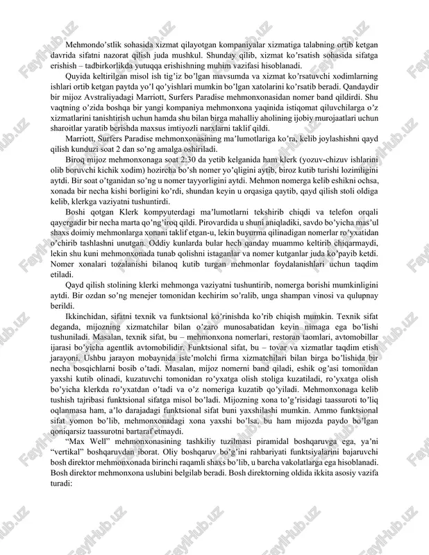 qilish kunduzi soat 2 dan soʼng amalga oshiriladi. biroq mijoz mehmonxonaga soat 2:30 da yetib kelganida ham klerk (yozuv-chizuv ishlarini olib boruvchi kichik xodim) hozircha boʼsh nomer yoʼqligini aytib, biroz kutib turishi lozimligini aytdi. bir soat oʼtganidan soʼng u nomer tayyorligini aytdi. mehmon nomerga kelib eshikni ochsa, xonada bir necha kishi borligini koʼrdi, shundan keyin u orqasiga qaytib, qayd qilish stoli oldiga kelib, klerkga vaziyatni tushuntirdi. boshi qotgan klerk kompyuterdagi maʼlumotlarni tekshirib chiqdi va telefon orqali qayergadir bir necha marta qoʼngʼiroq qildi. pirovardida u shuni aniqladiki, savdo boʼyicha masʼul shaxs doimiy mehmonlarga xonani taklif etgan-u, lekin buyurma qilinadigan nomerlar roʼyxatidan oʼchirib tashlashni unutgan. oddiy kunlarda bular hech qanday muammo keltirib chiqarmaydi, lekin shu kuni mehmonxonada tunab qolishni istaganlar va nomer kutganlar juda koʼpayib ketdi. nomer xonalari tozalanishi bilanoq kutib turgan mehmonlar foydalanishlari uchun taqdim etiladi. qayd qilish stolining klerki mehmonga vaziyatni tushuntirib, nomerga borishi mumkinligini aytdi. bir ozdan soʼng menejer …