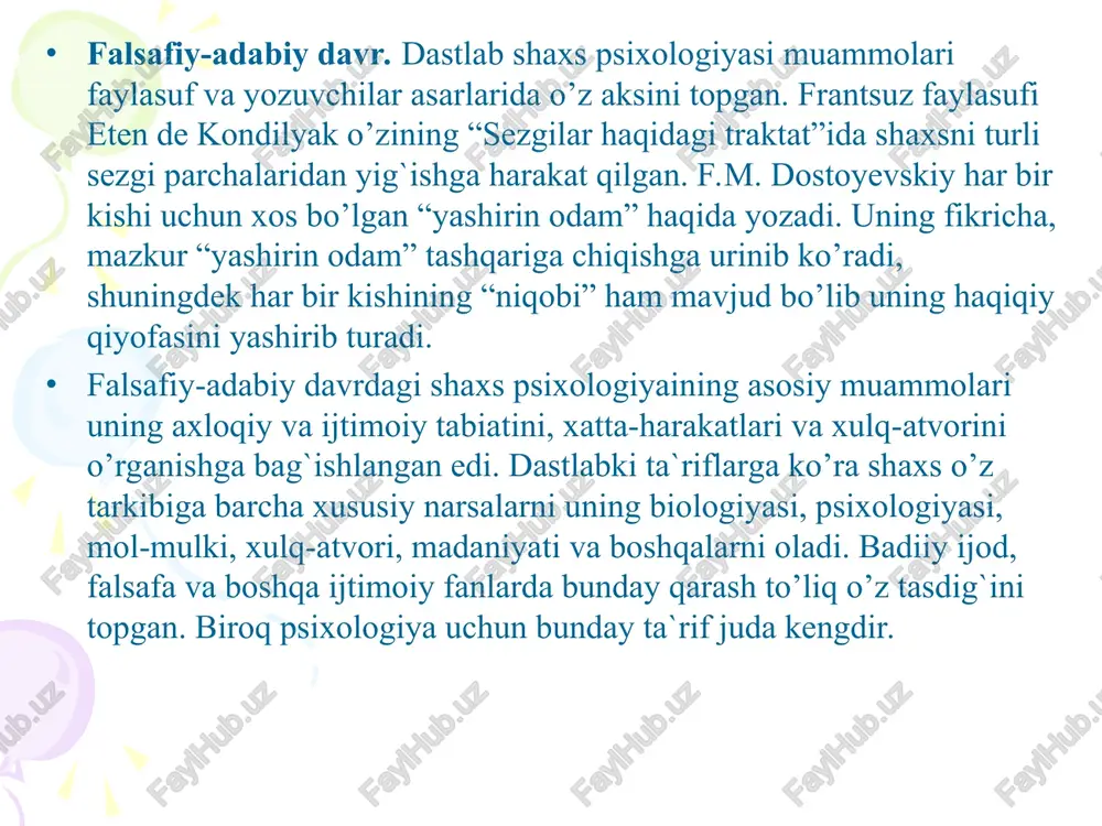 u boshqa shaxslar uchun befarq, uning mavjudligi ham, yo’qligi ham ularning hayotida hech qanday ahamiyatga ega bo’lmaydi. biroq inson dunyoga jamiyatning to’la huquqli a`zosi sifatida keladi va shu daqiqadan boshlab hayvonot olamidan farqli o’laroq, individ nomini oladi va homo sapiens (aqlli odam) turining vakili, uzoq taraqqiyotning mahsuli, individual o’ziga xos sifatlar tashuvchisi sifatida namoyon bo’ladi. aniq inson haqida individ deyish yetarli emas. “individ”-aniq sub`ektning bo’linmasligi, yaxlitligi va o’ziga xosligini ifodalaydi. individning shakllanishi filogenezdan boshlanadi. individ – avvalo genotipik (nasliy) tuzilma bo’lib, u filogenez mahsulidir. biroq individ genotipik tuzilma bo’lib qolmasdan, balki uning rivojlanishi ontogenezda ham davom etadi. shuning uchun ham individning xarakteristikasiga ontogenezda shakllangan va integratsiyalashgan xususiyatlari ham kiradi. ontogenez – individual organizmning rivojlanish jarayoni, insonning tug`ilgandan to umrining oxirigacha bo’lgan individual rivojlanish davri. ontogenez – individ psixikasining asosiy tuzilmalarining individual rivojlanish davridagi shakllanishidir. filogenez – 1) inson va hayvon psixikasi va xulq-atvorining paydo bo’lishi, tarixiy rivojlanish jarayoni; 2) insoniyat …