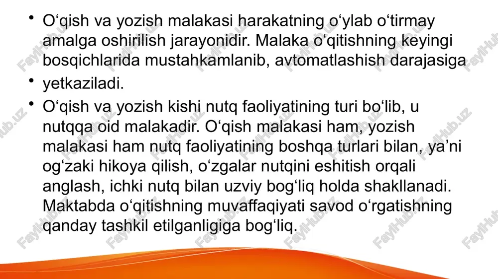 shga oid mashqlar o‘tkazib, fonematik eshitishni o‘stirishdan iboratdir. alifbogacha tayyorgarlik davri, o‘z navbatida, quyidagi 2 bosqichga bo‘linadi: 1. harf o‘rganilmaydigan bosqich (1 hafta). 2. unli tovush va harf o‘rganiladigan bosqich (1 hafta). 1-bosqichda o‘quvchilarga og‘zaki va yozma nutq haqida, gap, so‘z, bo‘g‘in va tovushlar haqida, nutqning gaplardan, gaplarning so‘zlardan tuzilishi, so‘zlarning bo‘g‘inlarga bo‘linishi, bo‘g‘inlarning tovushlardan tashkil topishi haqida ma’lumot beriladi, tovushlarning unli va undosh tovushlarga ajratilishi o‘rgatiladi, ulardan amaliy foydalana bilish ko‘nikmalari hosil qilinadi. bu jarayonda maxsus nusxalar asosida o‘quvchilarning bog‘lanishli nutqi ustida ishlanadi. ularga “alifbe”da berilgan rasmlar asosida hikoyalar tuzdirishdan tashqari, o‘zlari bilgan she’r, ertak, hikoya, tez aytish, maqol, topishmoq, xalq ashulalari, alla, qo‘shiqlar, latifalardan ayttiriladi. tayanch so‘zlar asosida gap tuzdirish, “alifbe” sahifalaridagi so‘zlarning talaffuzi, o‘qilishi va ma’nolari ustida ishlash kabi ishlar uyushtiriladi (bu tarzdagi ishlar har bir darsda mavzularga bog‘liq ravishda izchil davom ettirib boriladi).bu bosqichdagi yozuv darslarida o‘quvchilar yozuv daftari va yozuv chiziqlari bilan tanishtirilib, harf elementlarini …