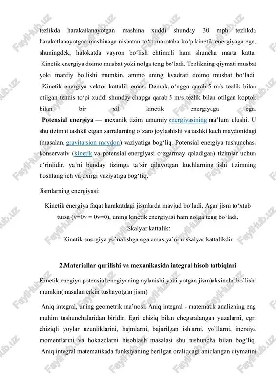 niq o'rganish va aniqlash imkonini beradi. matematik modellarni yaratishda integral hisob asosiy vosita sifatida ishlatiladi elektr zanjirlarning modellashtirilishi fizik qonunlar va matematik munosabatlar asosida amalga oshiriladi. kirxgof qonunlari va om qonuni kabi asosiy tamoyillar tok, kuchlanish va qarshilik o'rtasidagi bog'lanishni aniqlashda ishlatiladi. elektr zanjirlarda integral hisob yordamida bajariladigan tahlillar quyidagi sohalarda qo'llaniladi: -elektronika qurilmalari dizayni; -energiya taqsimoti tizimlari, signal uzatish va qabul qilish; -elektr texnologiyalarining samaradorligini oshirish elektr zanjiri — elektr energiyasi manbalari, qabul qilgichlari (isteʼmolchilari) va ularni bir-biriga tutashtiruvchi oʻtkazgichlar (simlar) majmui. elektr zanjiri tarkibiga ulabuzgichlar (viklyuchatellar), qayta ulagichlar (pereklyuchatellar), saqlagichlar, himoyalash va kommutatsiya (uzibulash) apparatlari, oʻlchash va nazorat asboblari va boshqalar ham kiradi. elektr zanjiri oʻzgaruvchan va oʻzgarmas tok zanjirlariga boʻlinadi. elektr zanjirining asosiy elementlari: rezistor, induktivlik gʻaltagi, elektr kondensator va boshqalar. elektr zanjirlari asosiy elektr davri. chapdagi v kuchlanish manbai elektr energiyasini rezistorga etkazib, kontaktlarning zanglashiga olib keladigan oqim i r. rezistordan oqim kontaktlarning zanglashiga olib, manbaga …